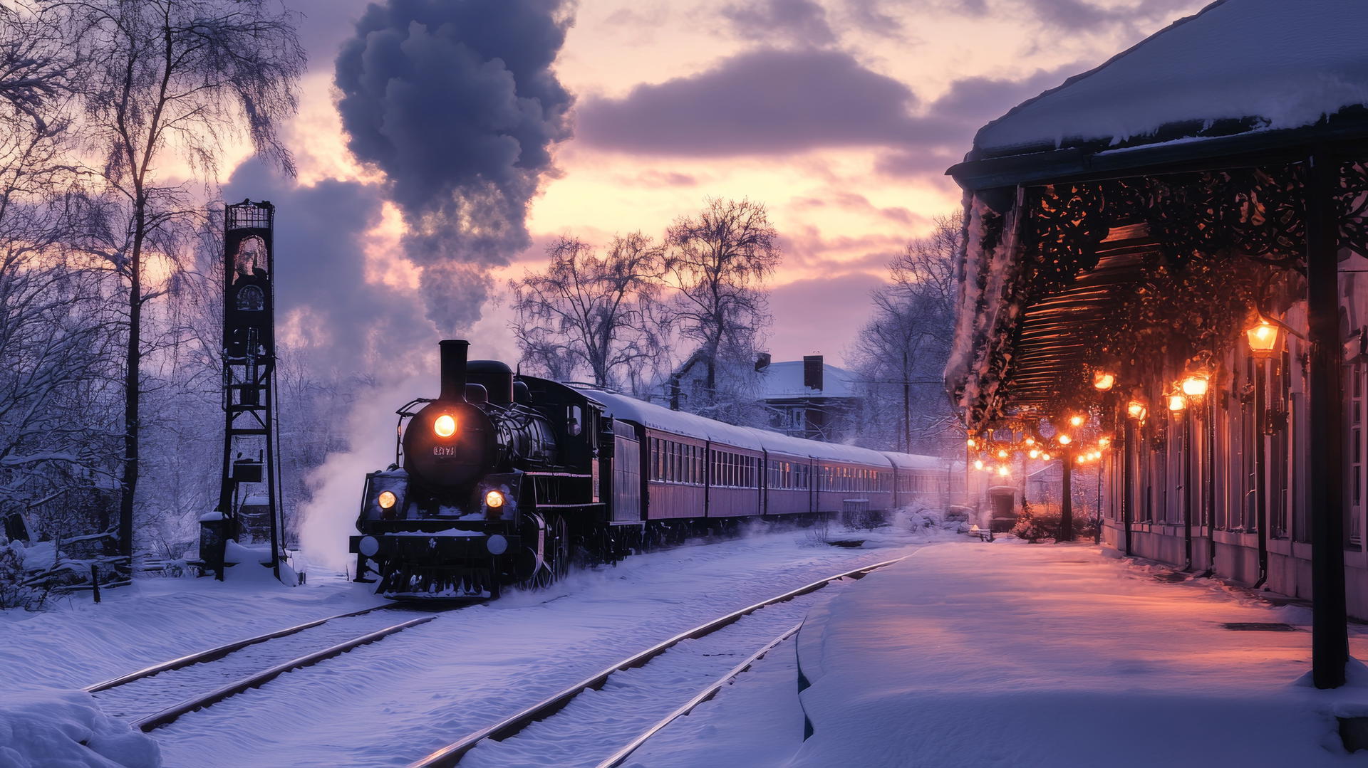 winter background wallpaper of a snow-covered train station at dusk with a vintage steam train
