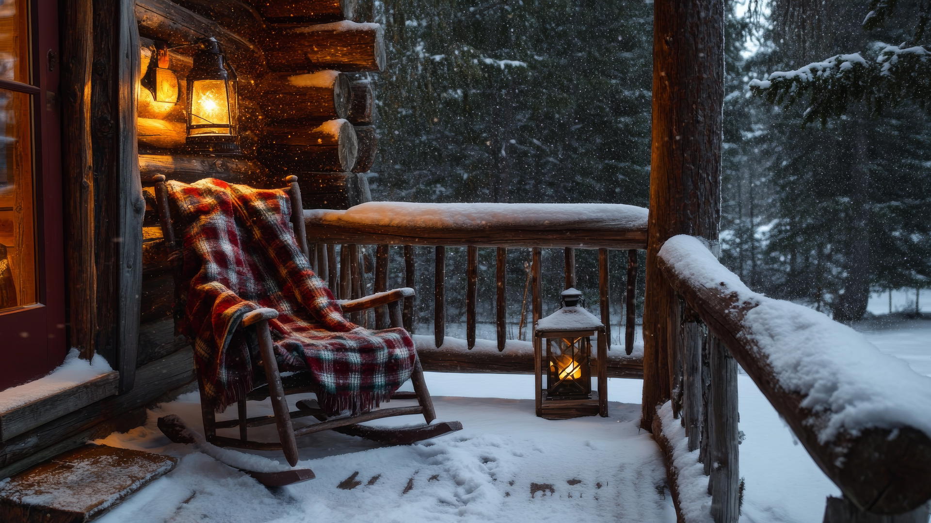 cozy winter iPhone wallpaper with a rustic cabin porch, rocking chair, and glowing lantern