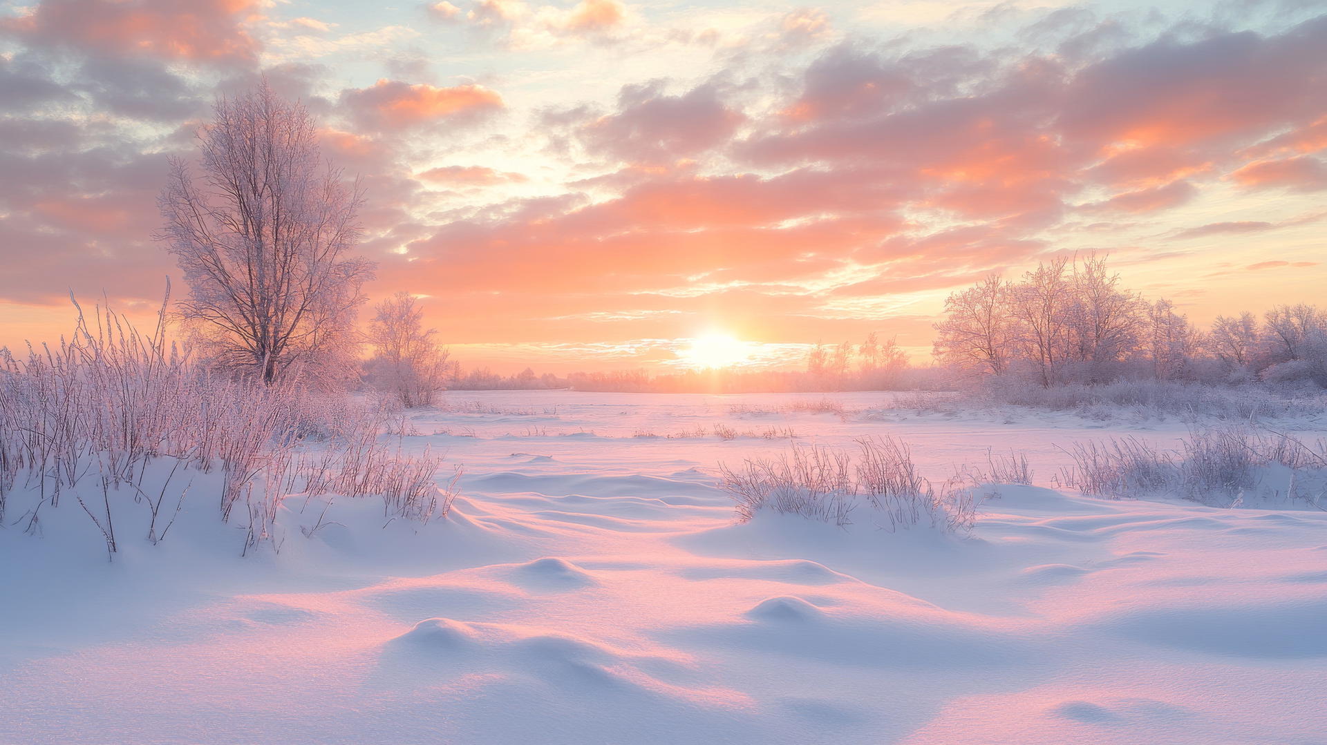 beautiful winter wallpaper with pastel-hued sunset over snow-covered meadow