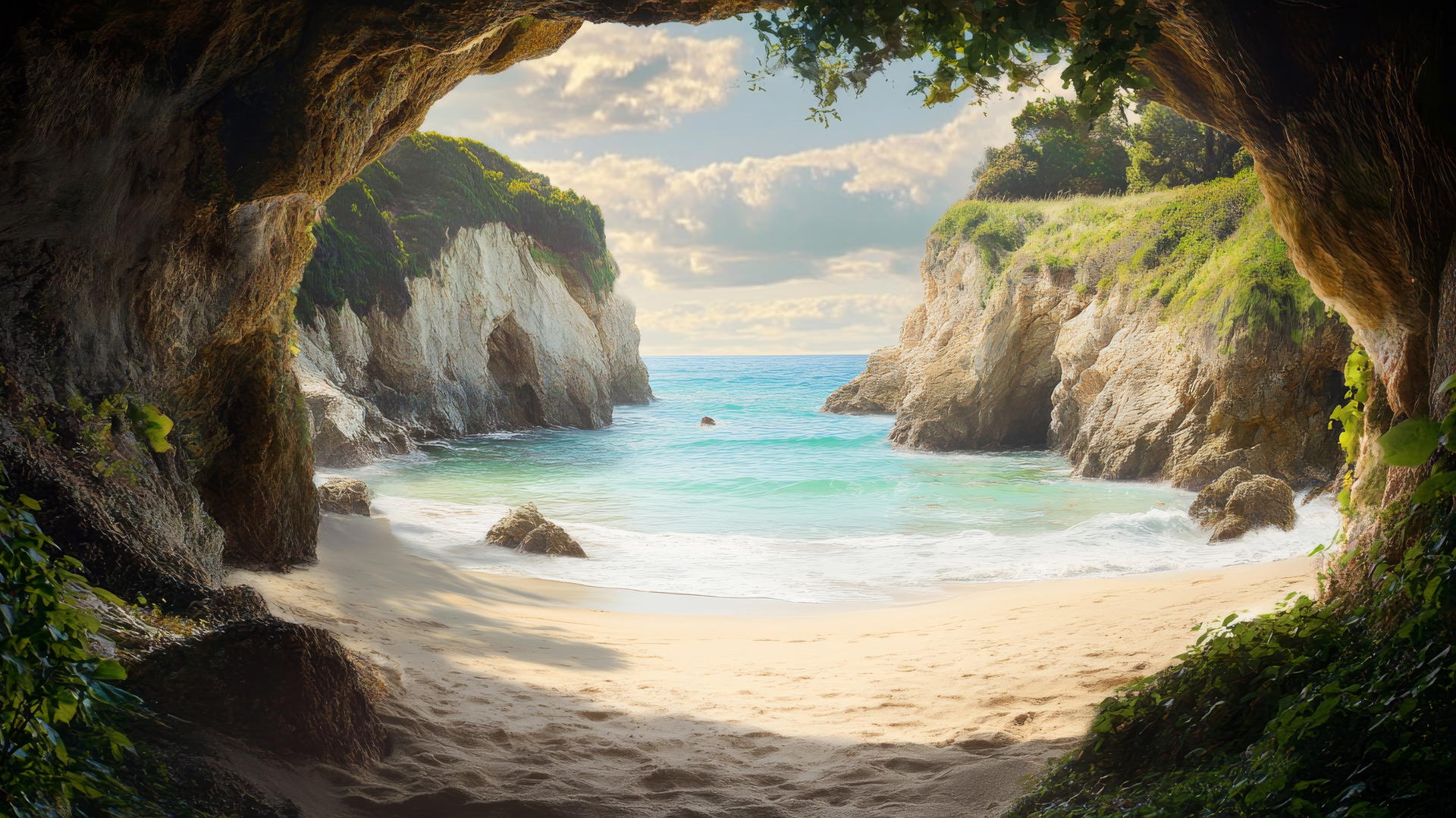 A peaceful beach background wallpaper with soft sand, rugged rocks, gentle waves, cliffs, and greenery.