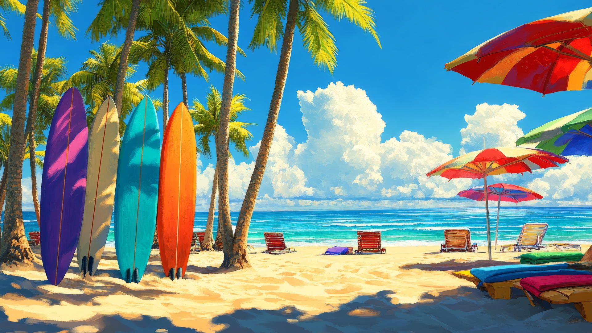 beach themed wallpaper with bright towels, umbrellas, surfboards, and a sunny ocean