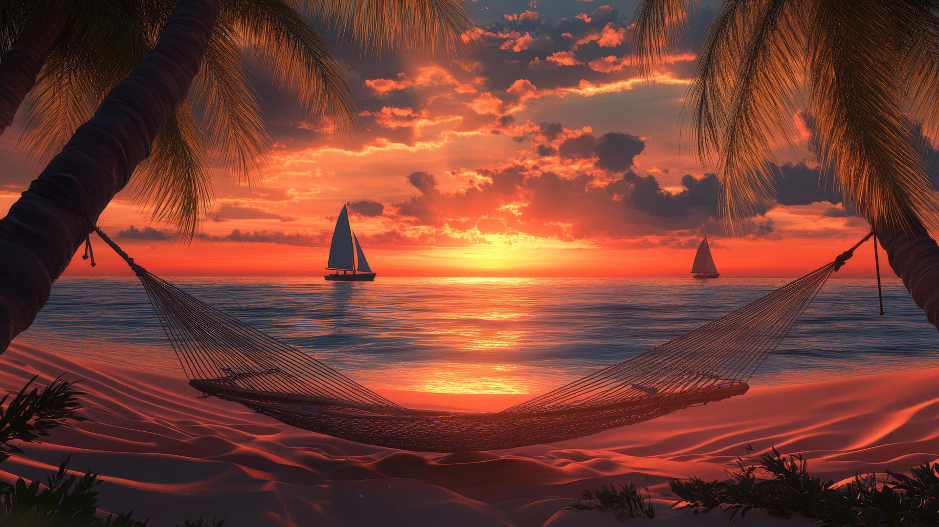 A cozy beach theme wallpaper with soft sand, hammock, palm trees, and sunset