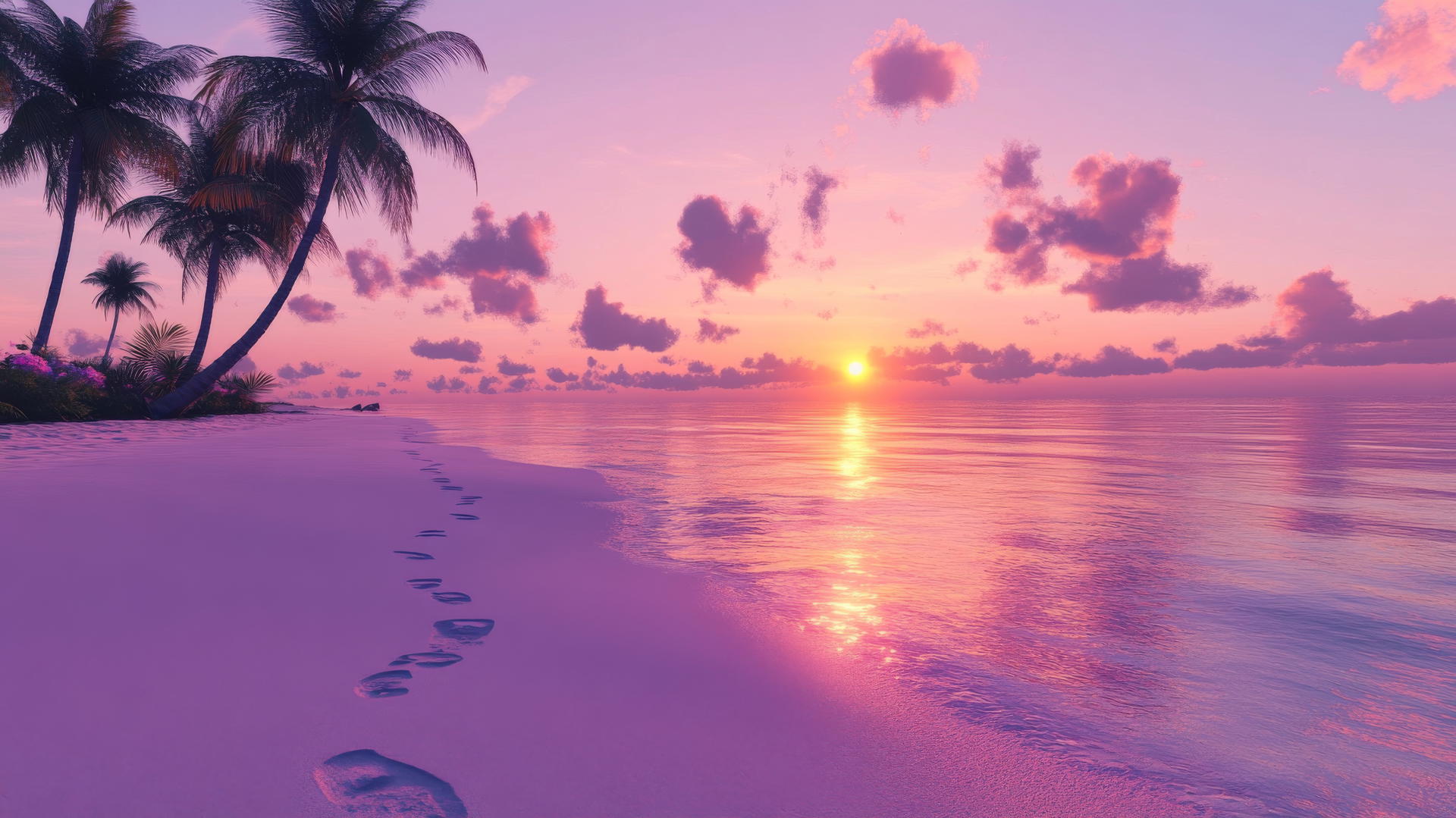 sunset background beach wallpaper with palm trees and footprints