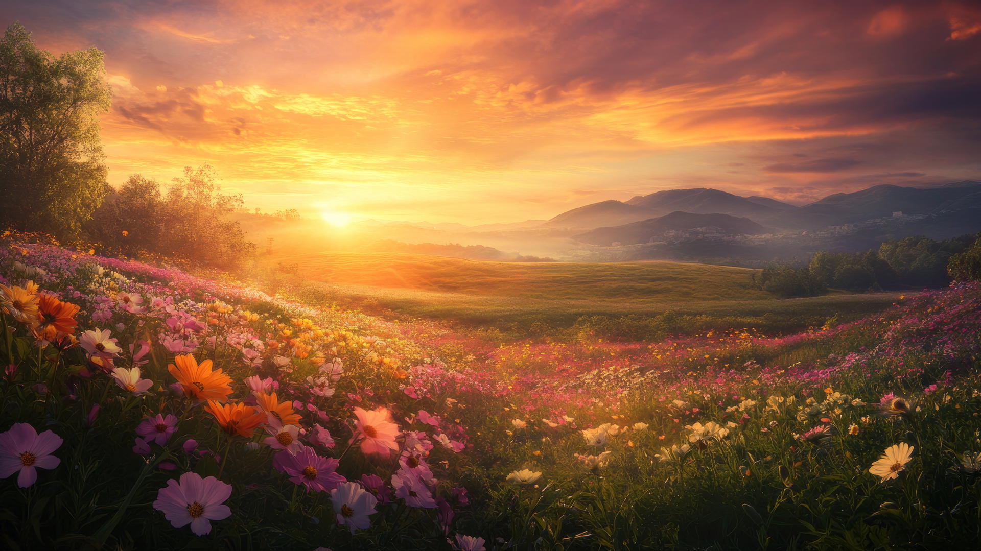 Spring wallpaper with sunset over a flower-filled meadow, warm lighting