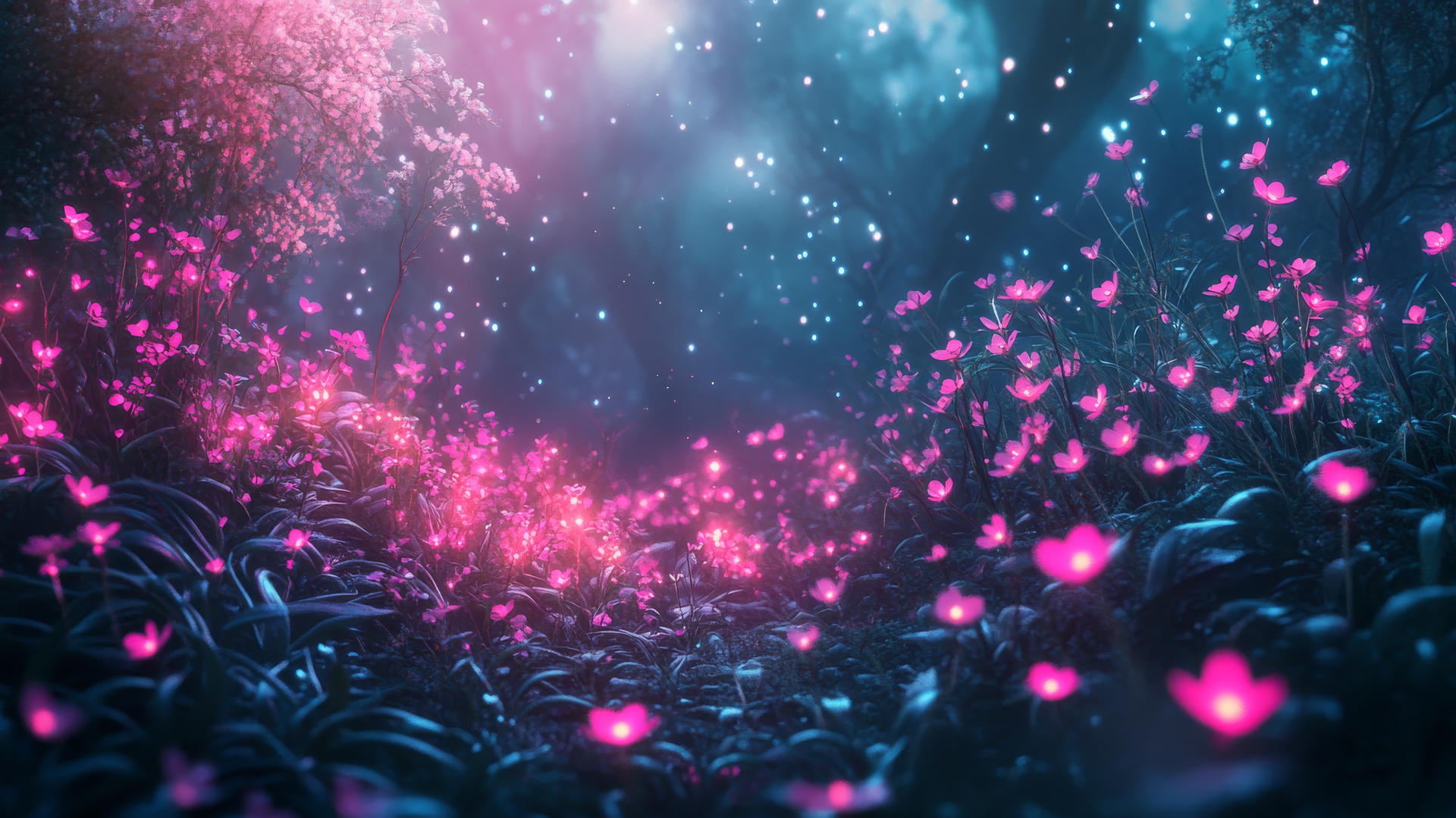 spring wallpaper of a glowing forest with magical flowers and luminous plants