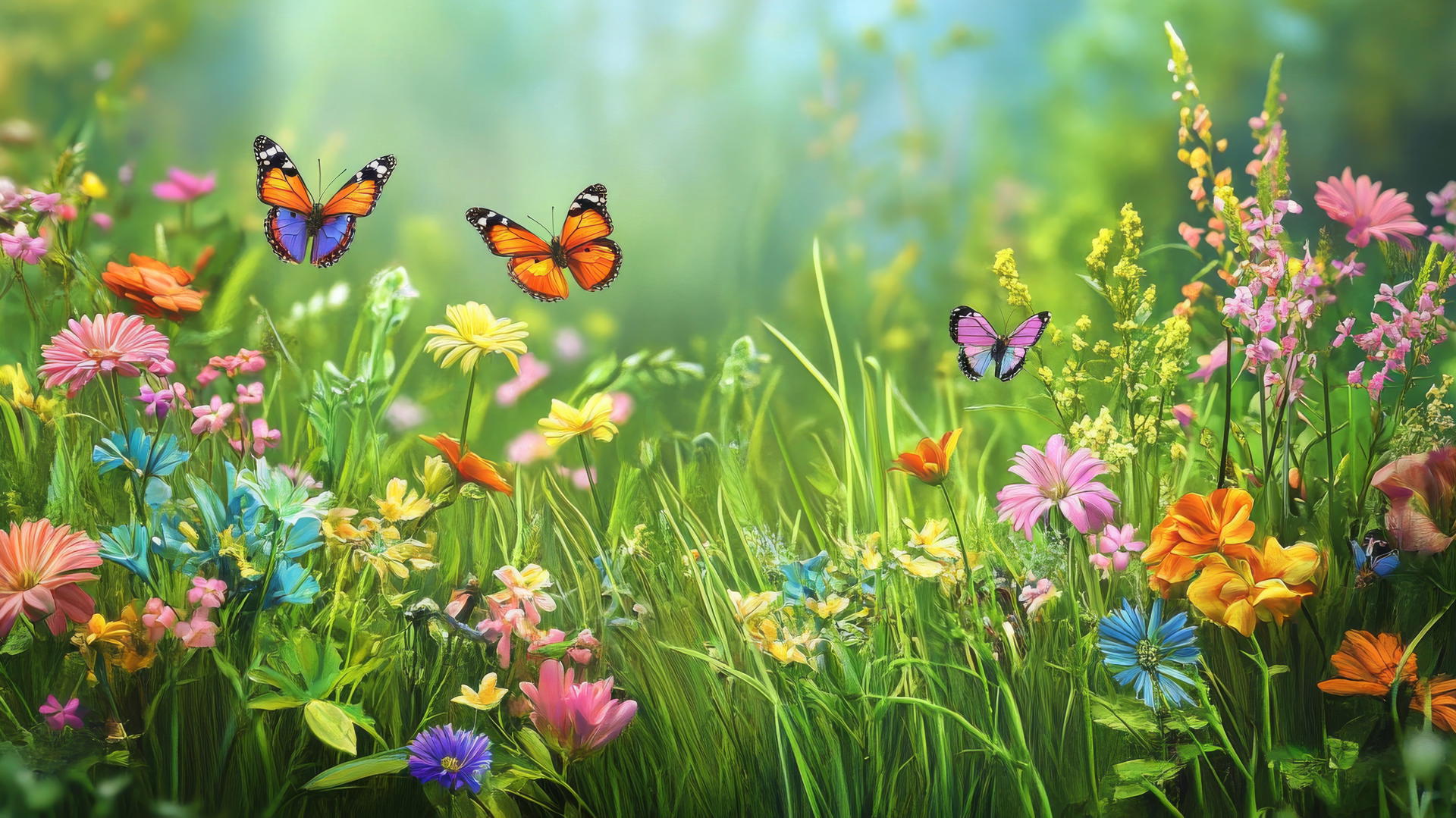 spring background wallpaper with vibrant flower garden, green grass, and buzzing butterflies and bees