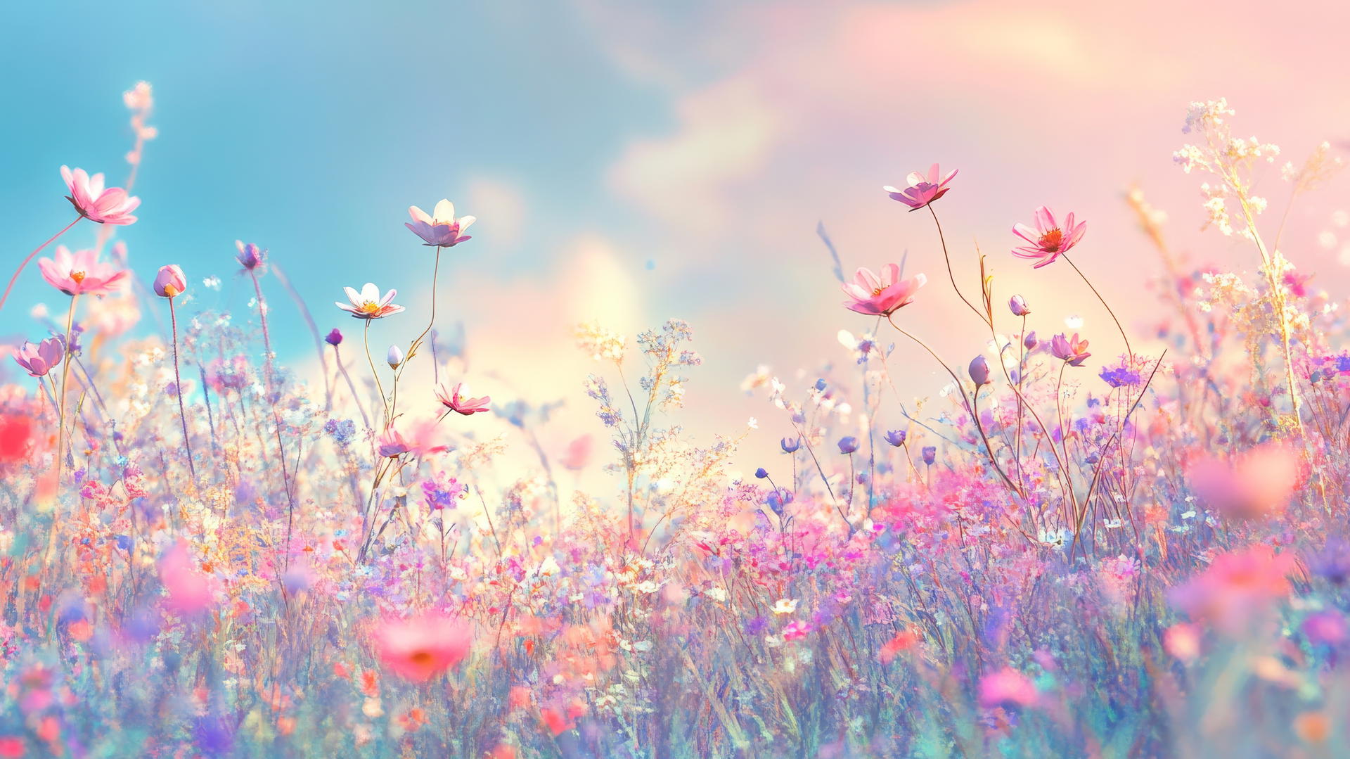 spring flowers wallpaper with wildflowers under pastel sky