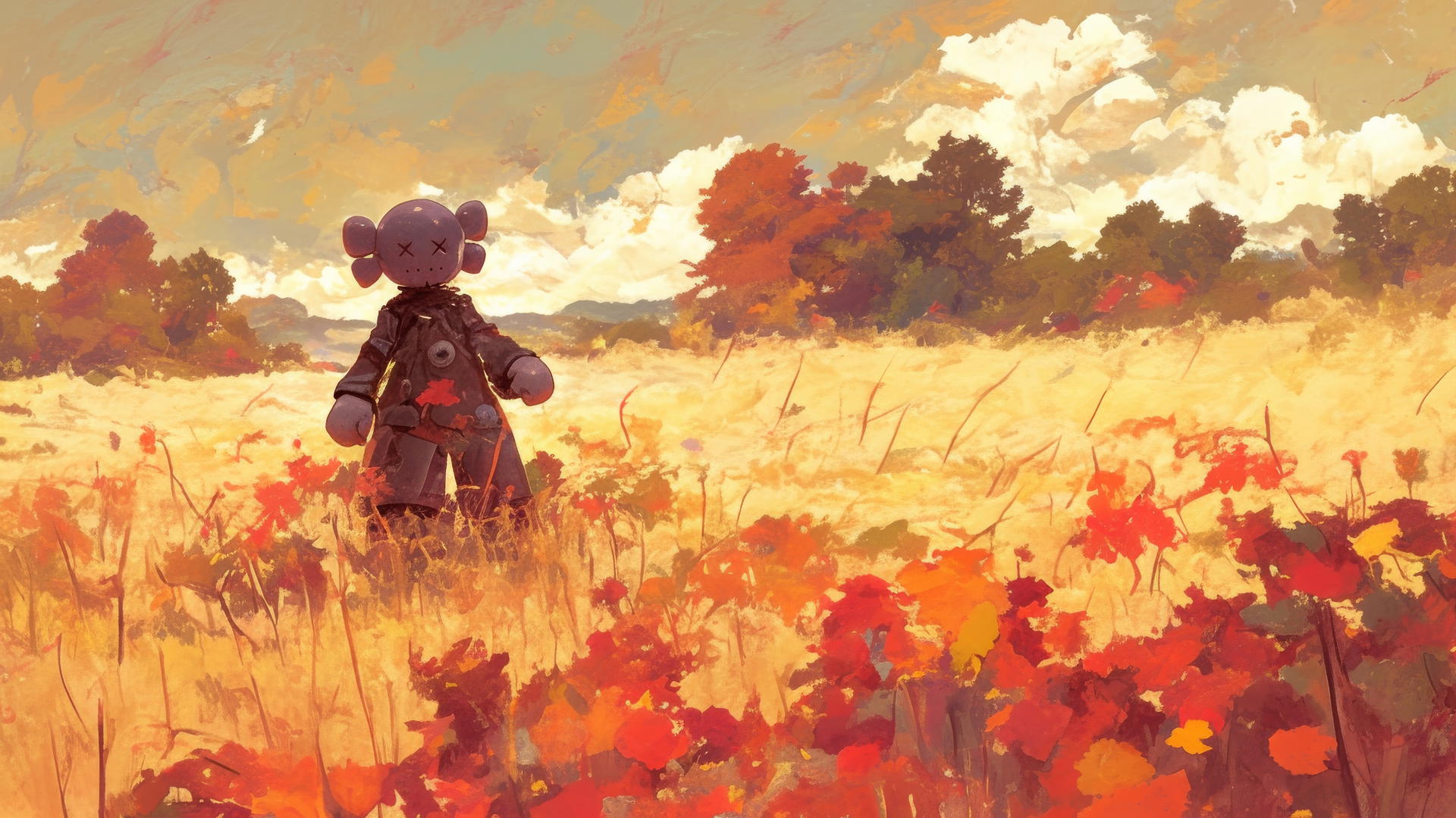 Kaws artwork with Companion character in vivid autumn landscape with falling leaves