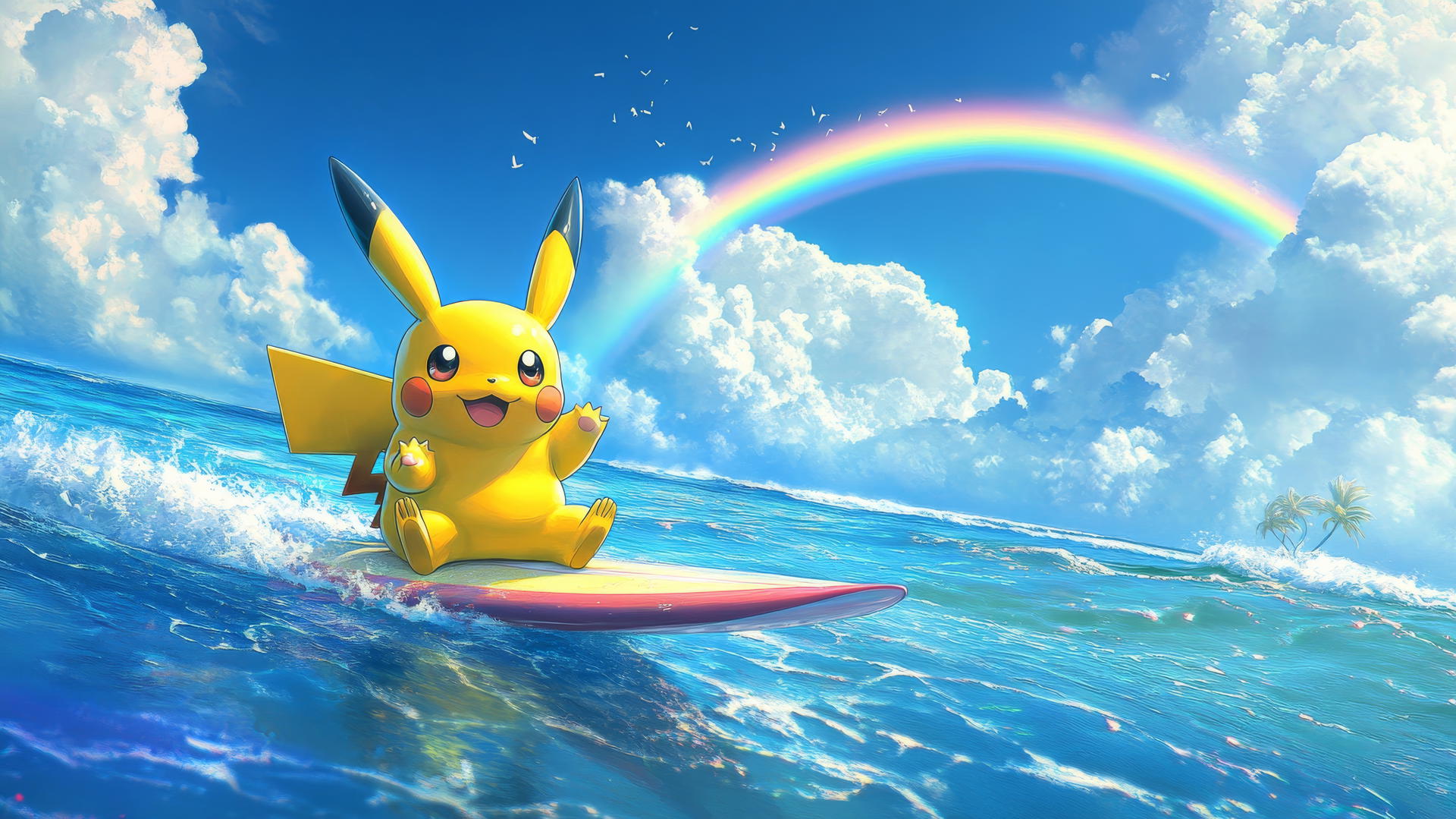 Surfing Pikachu relaxing on a calm ocean with a large rainbow overhead.