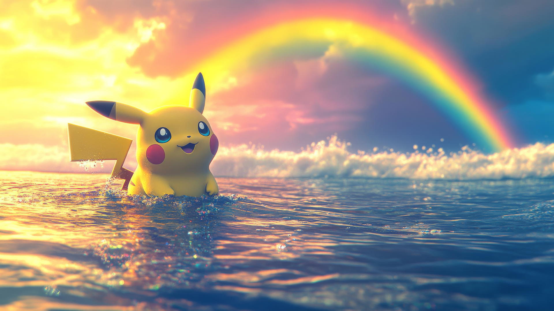 Surfing Pikachu on calm ocean with rainbow