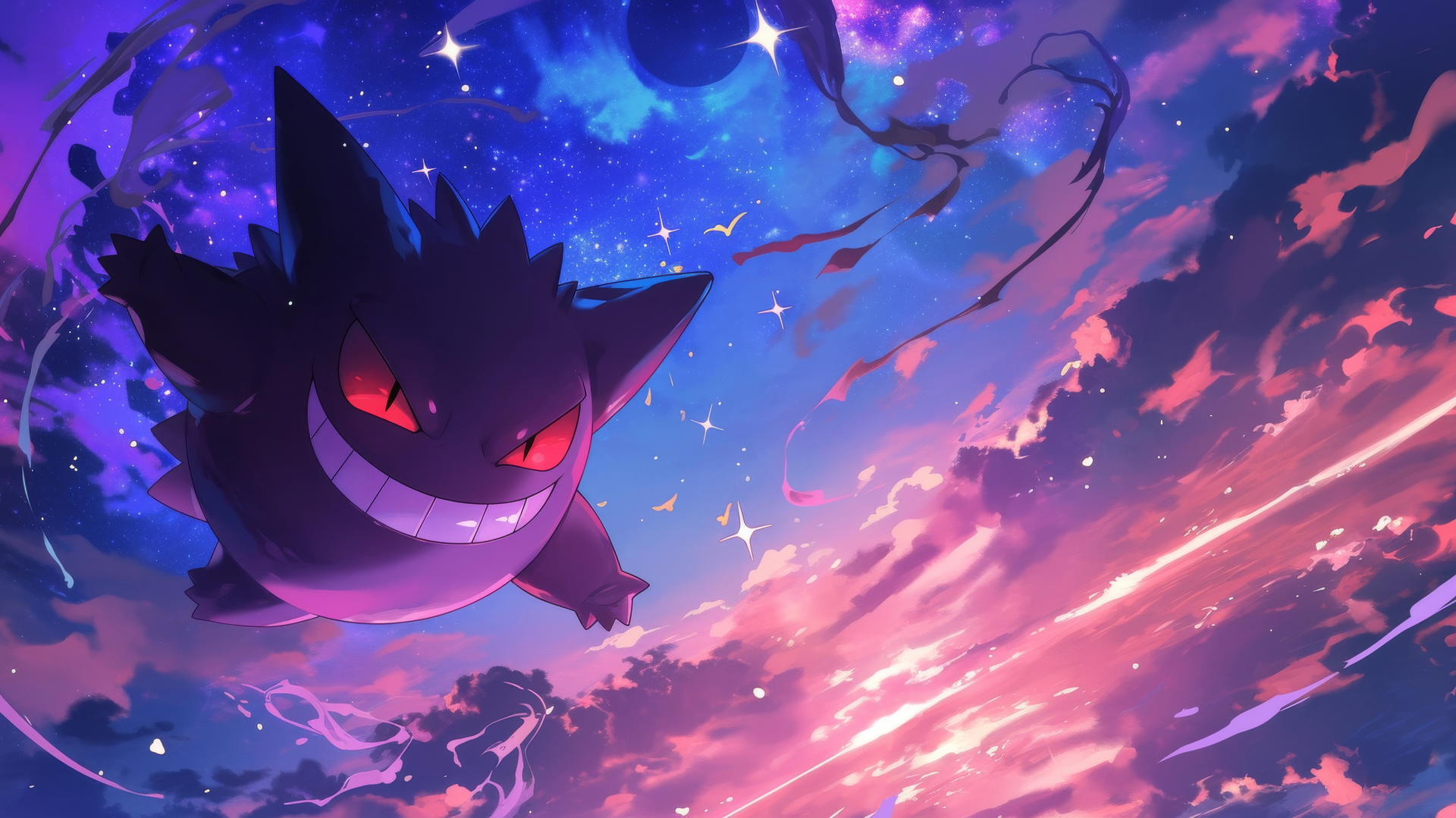 Gengar Pokemon flying through space with a galaxy of stars
