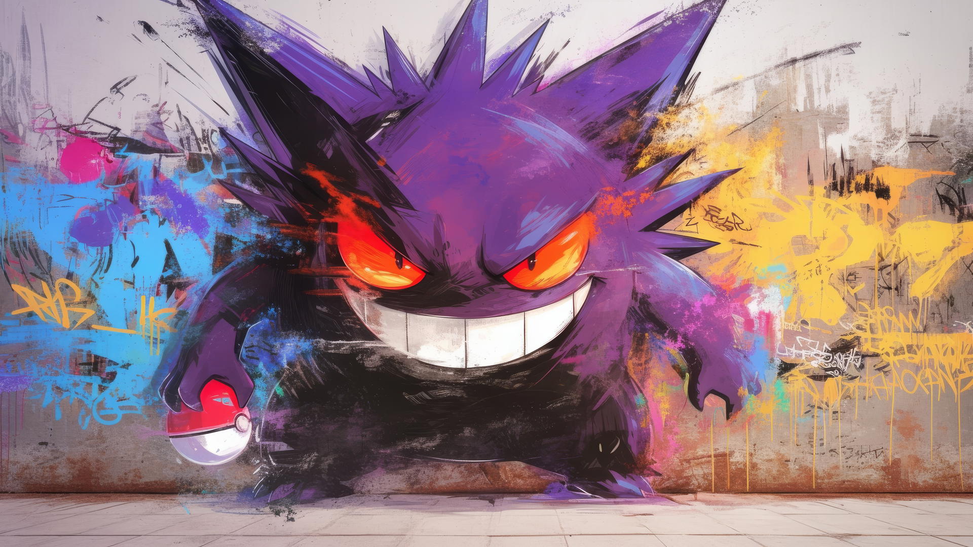 Graffiti art of Gengar Pokemon on a concrete wall in vibrant colors