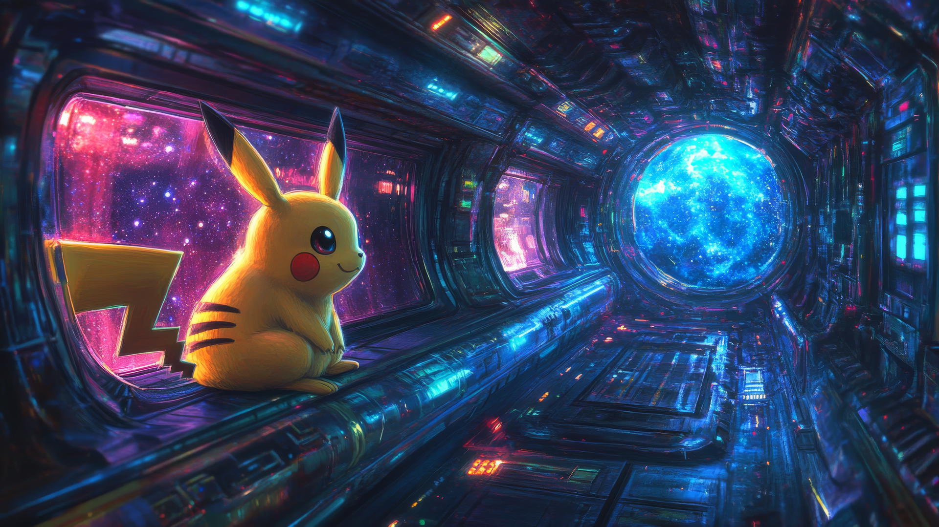 Pikachu relaxing in a futuristic spaceship, galaxy view