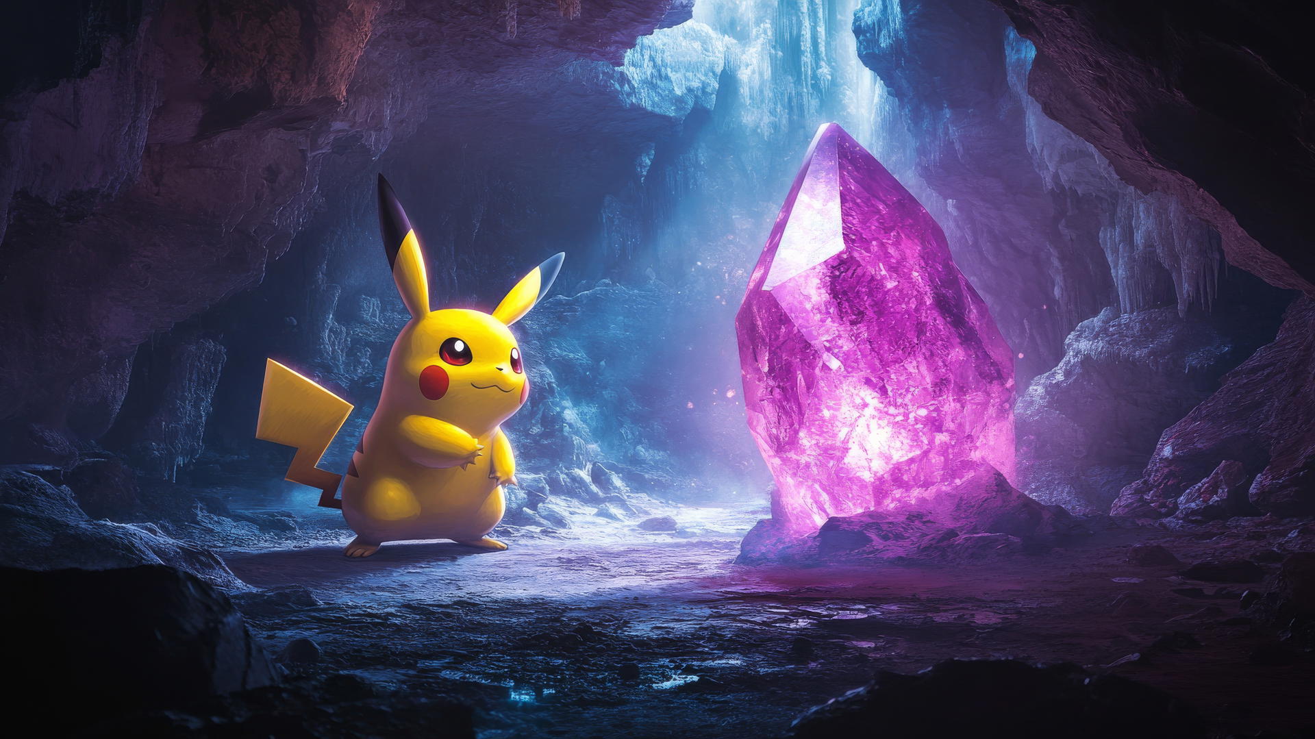 Pikachu gazing at a massive glowing crystal in an ancient cave