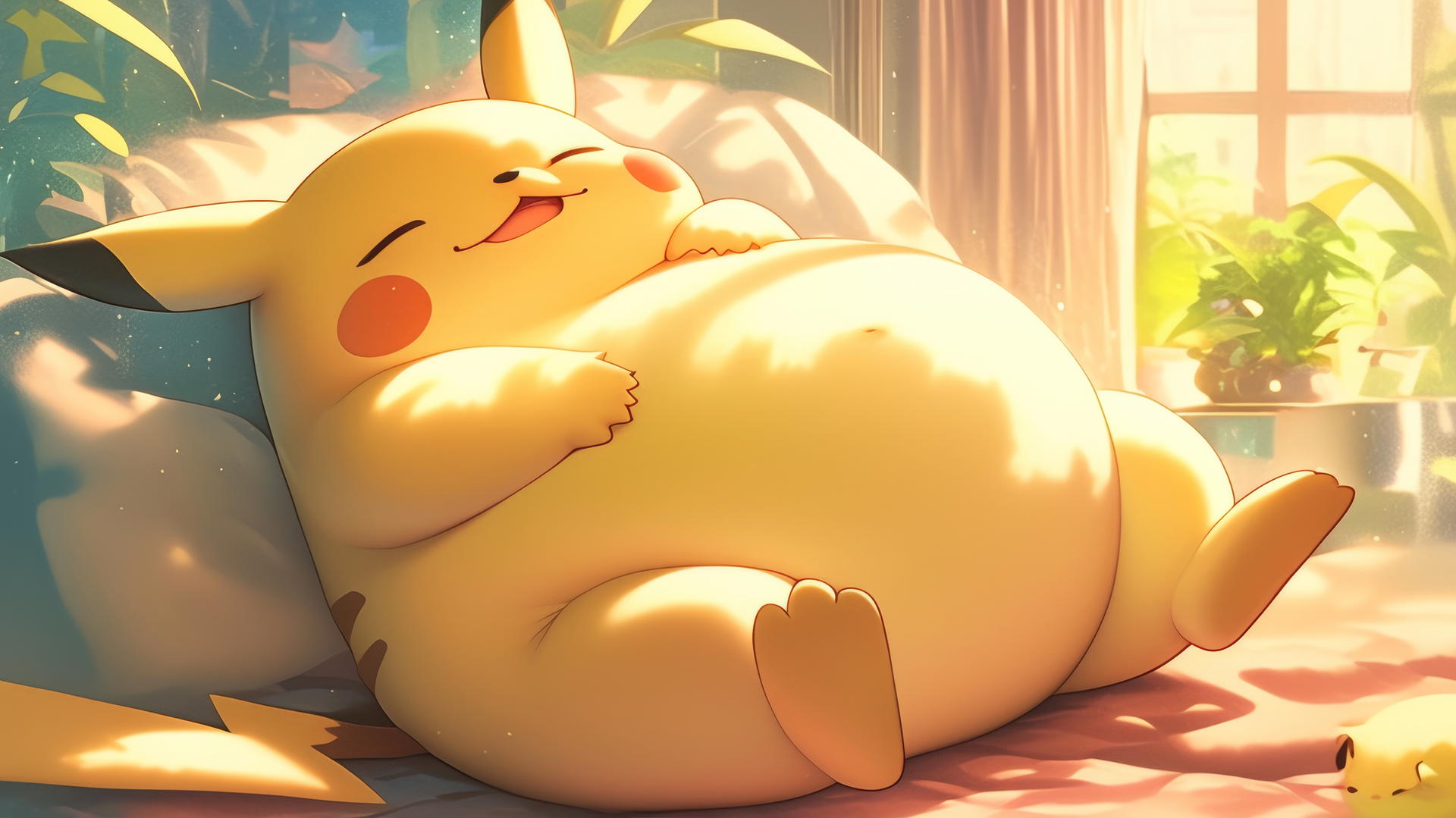 fat Pikachu relaxing on a bean bag with arms and legs on his belly