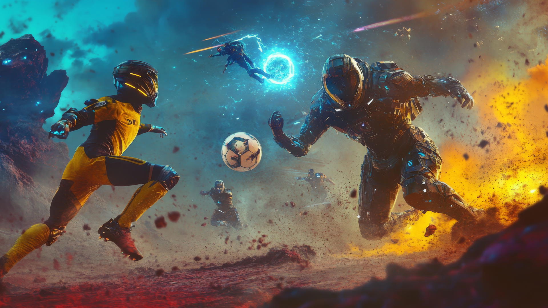 sci-fi football match on alien planet with futuristic armor and energy ball, cool wallpapers for boys