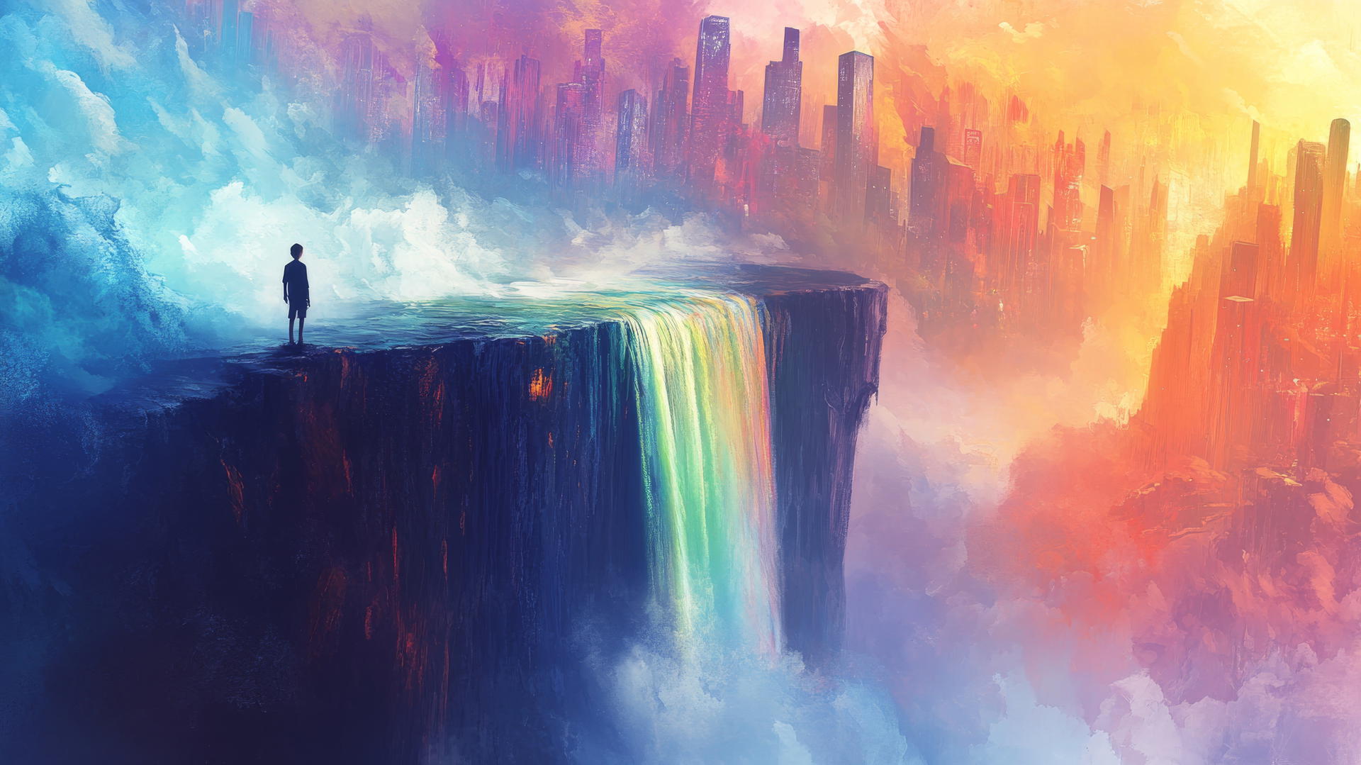 cool wallpapers for boys: Boy on waterfall's edge with futuristic city and rainbow mist