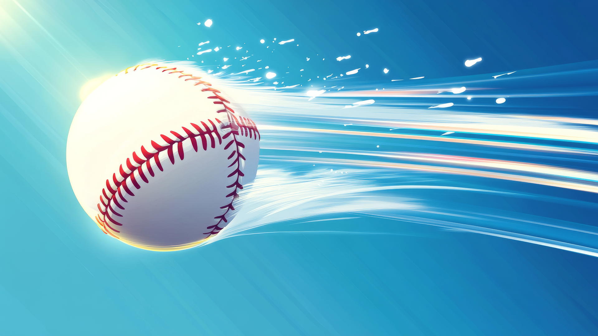Glowing baseball flying with motion trails in blue sky with clouds