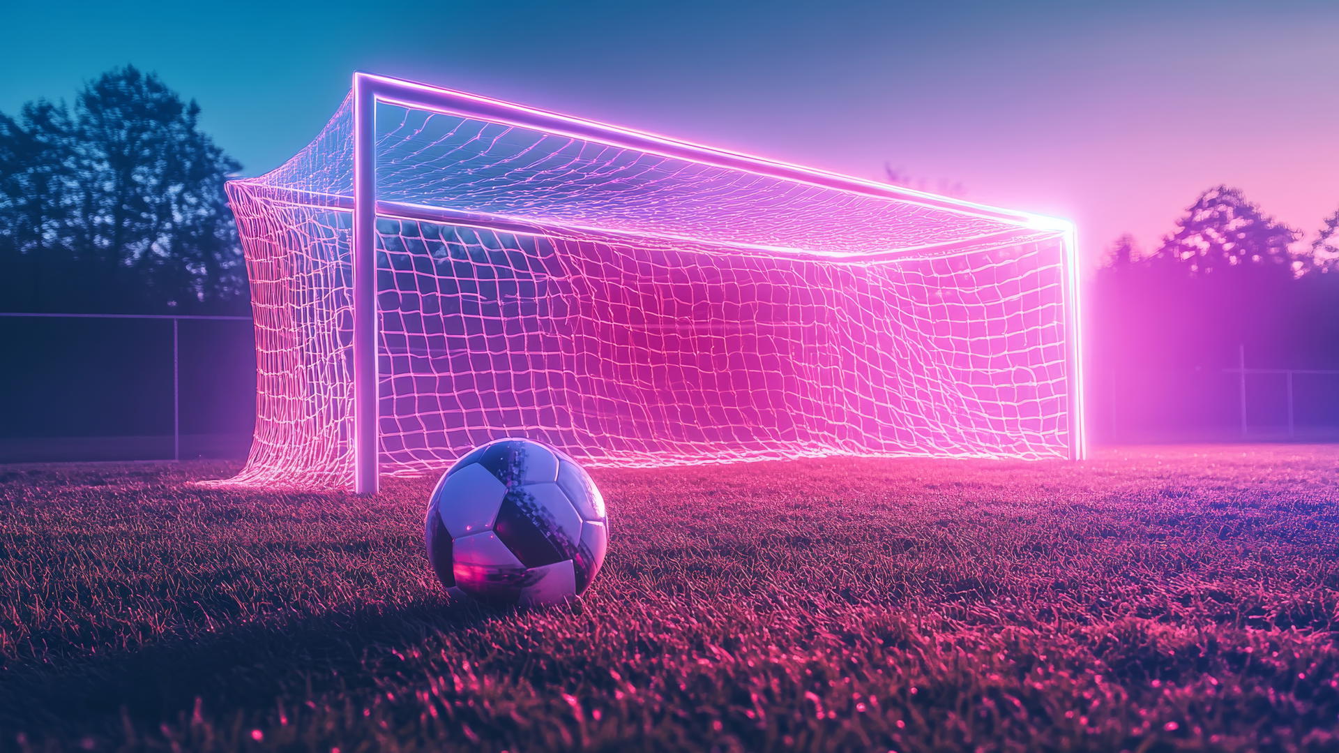 Outline of soccer goal with glowing netting and a neon-lit ball hovering.