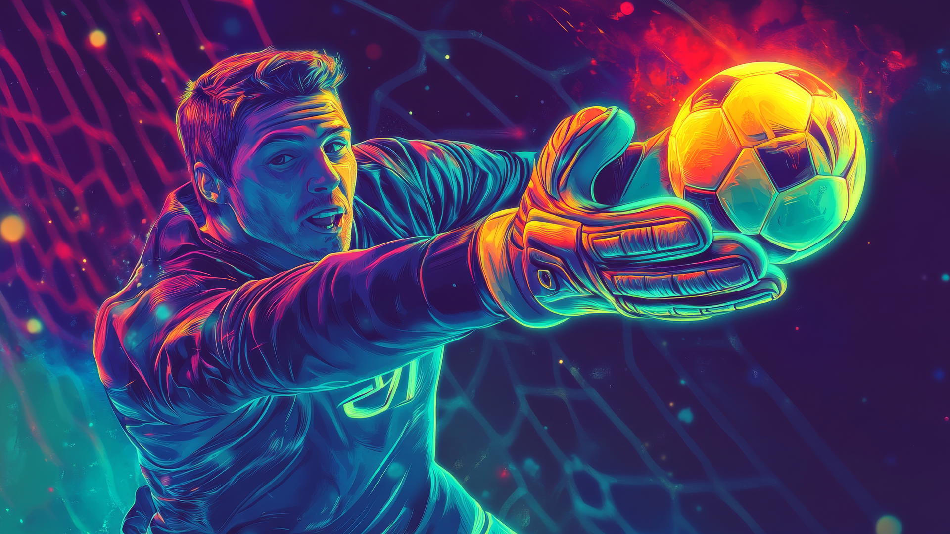 Soccer goalie catching a glowing ball with neon highlights