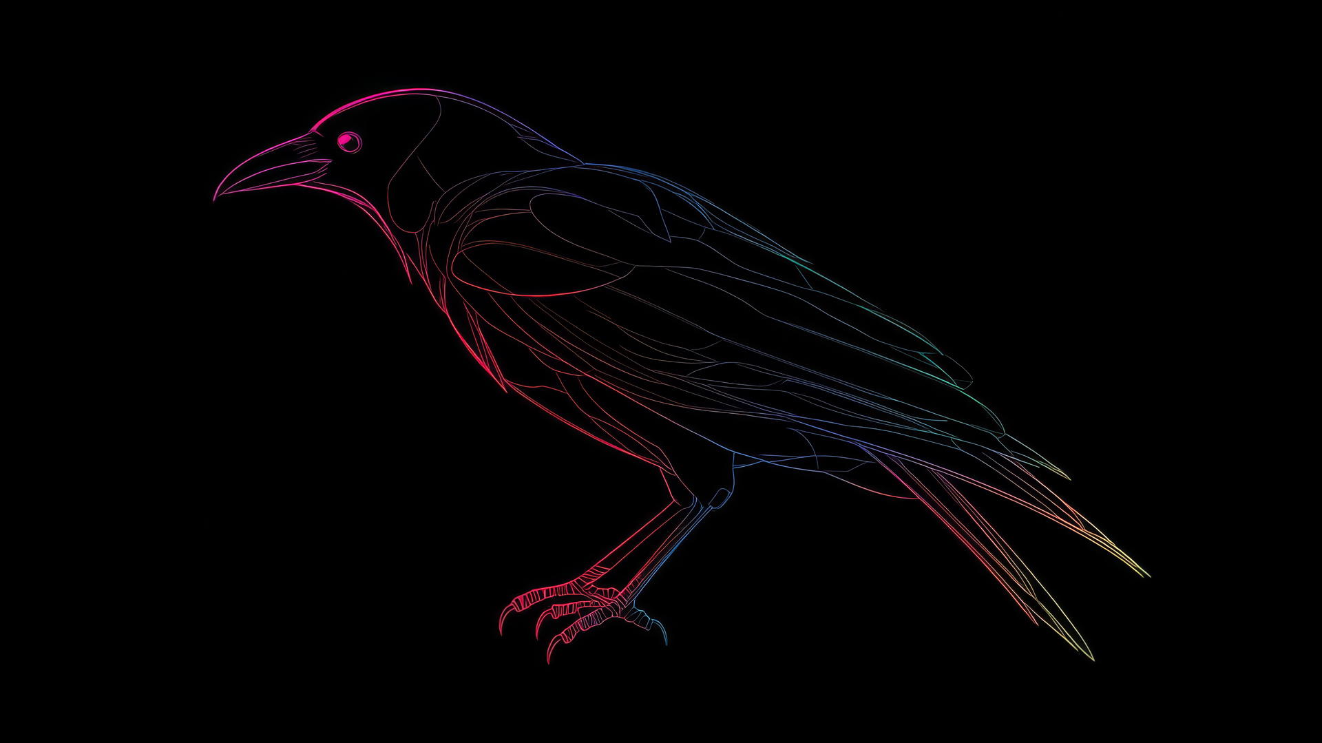 minimalist outline of a black raven with neon accents on its wings