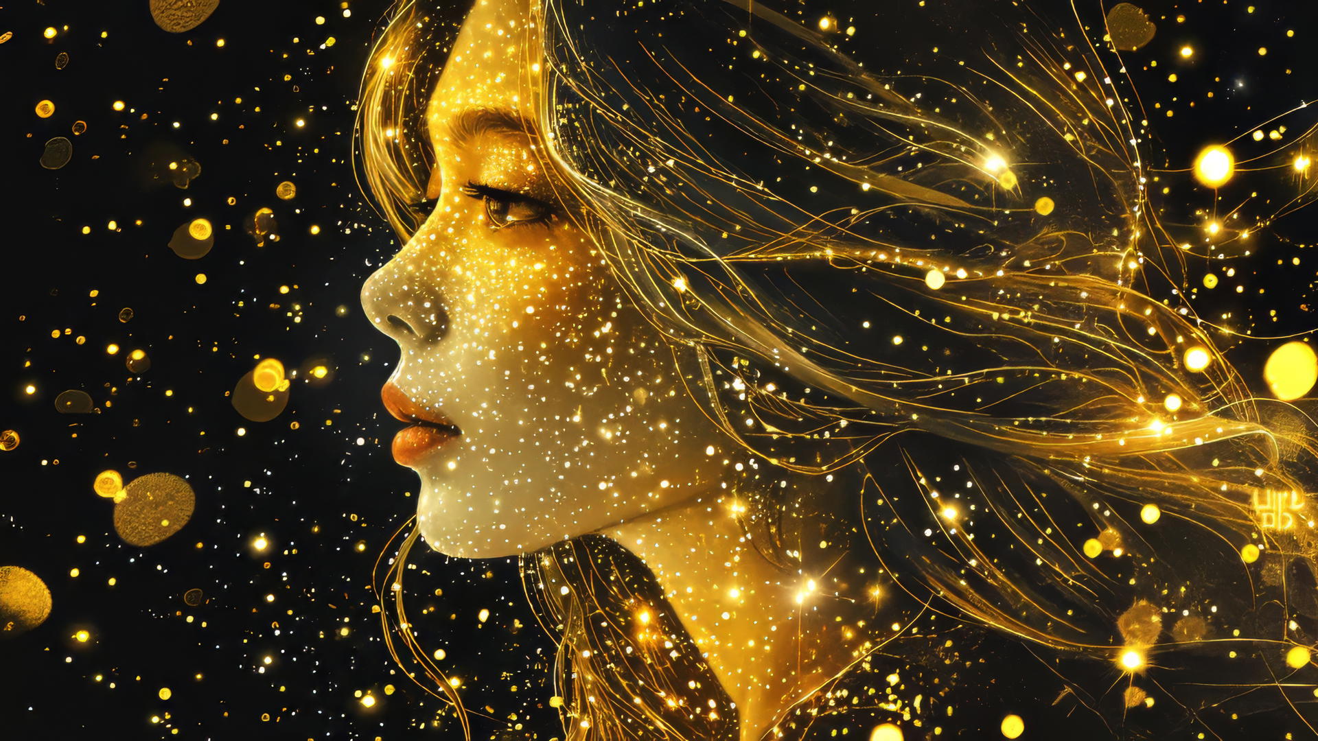 Golden-haired woman with stars and bokeh lights in watercolor and ink