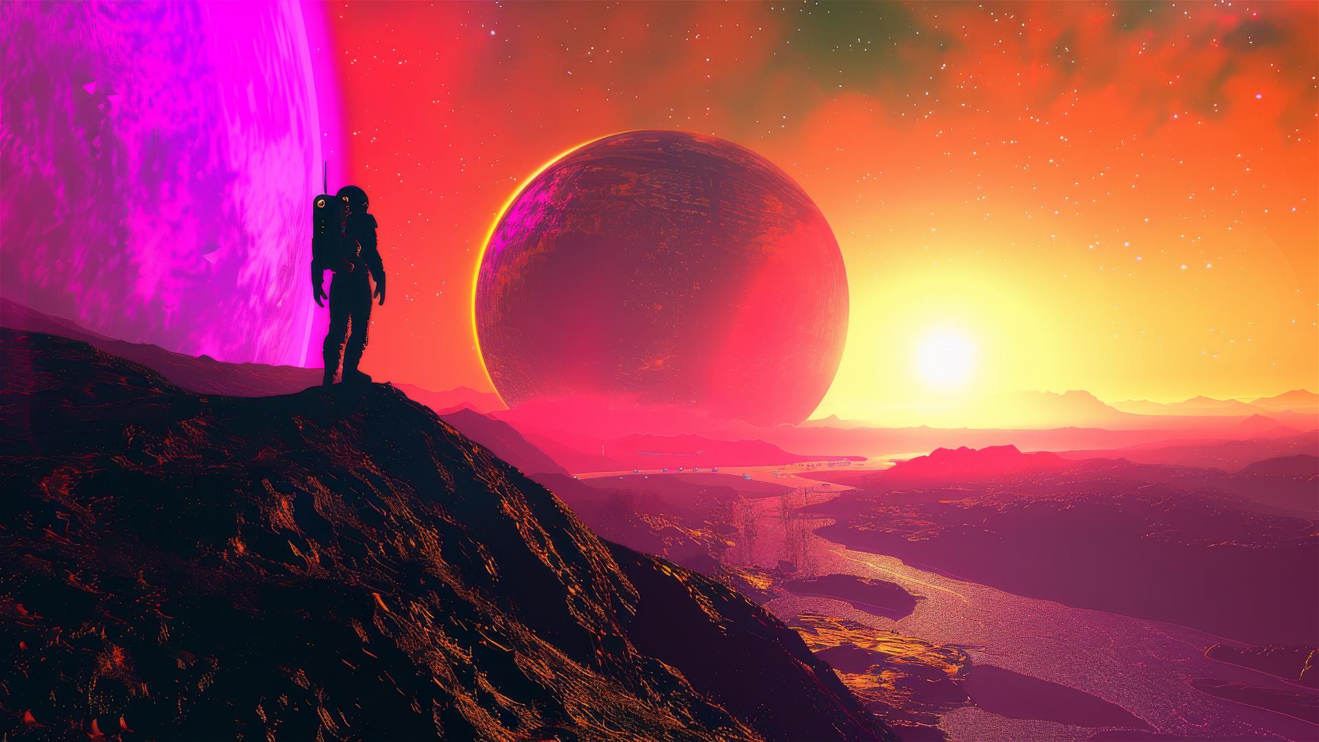Silhouette against a colorful, utopian alien world.