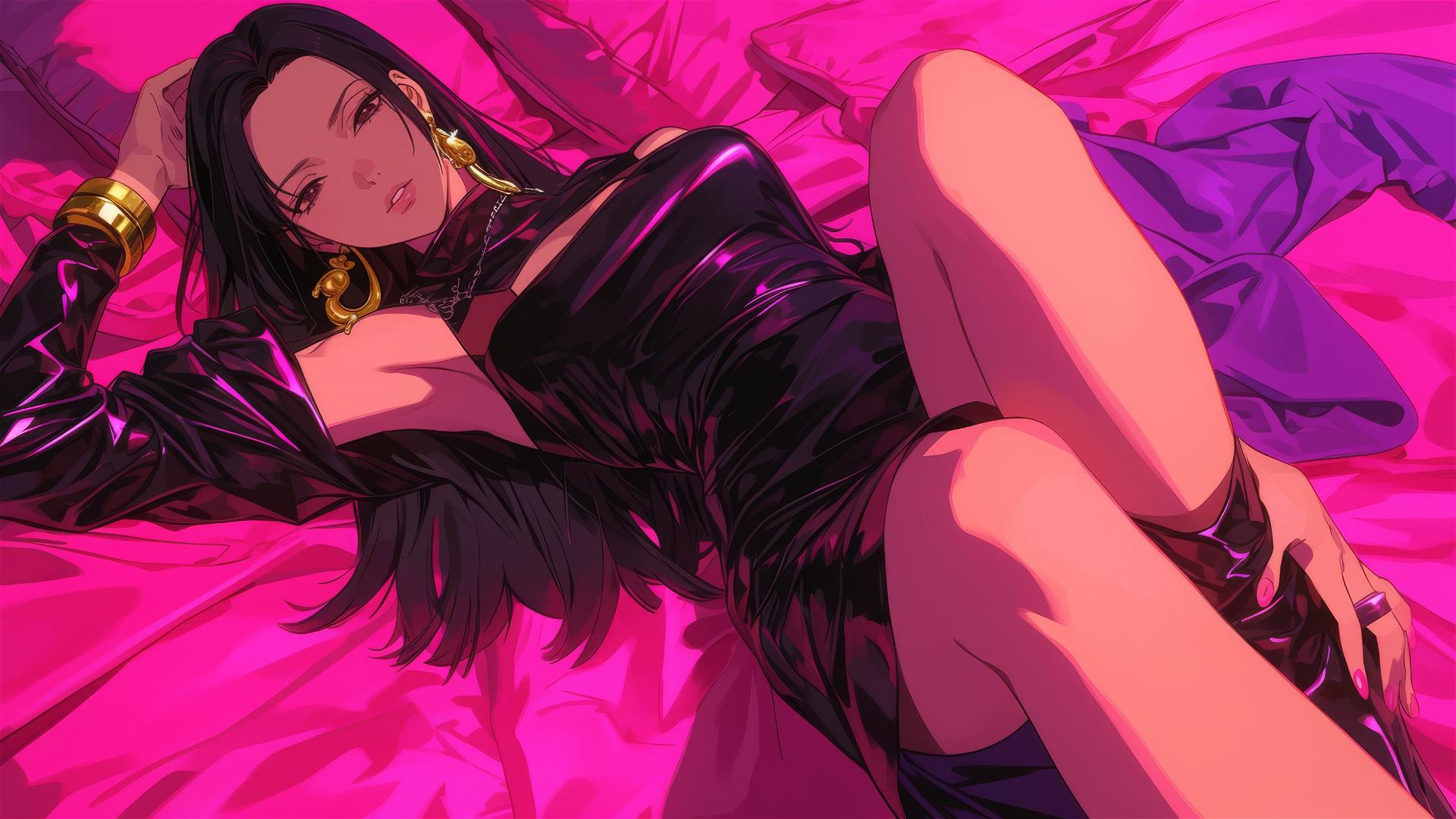 Boa Hancock in black and pink leather on a bed under neon pink light.