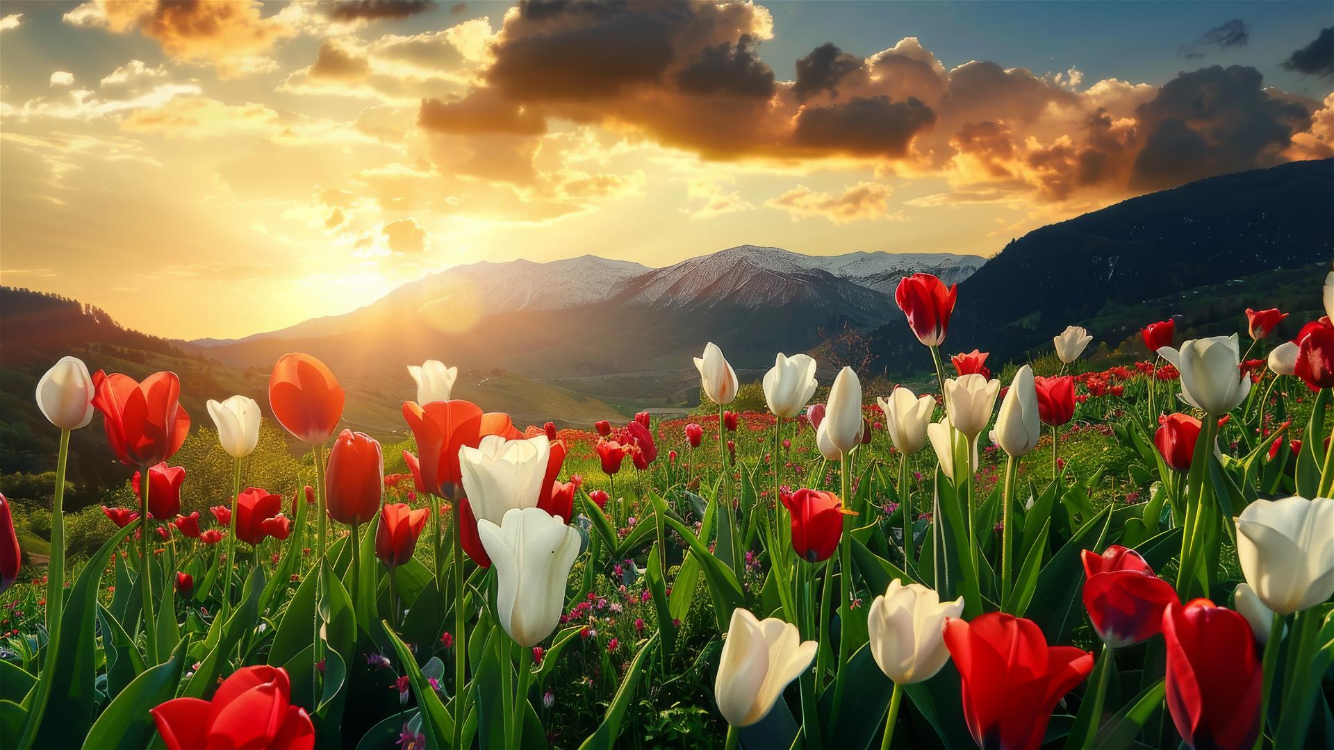 Sunset view of hills with tulips and idol-shaped mountains