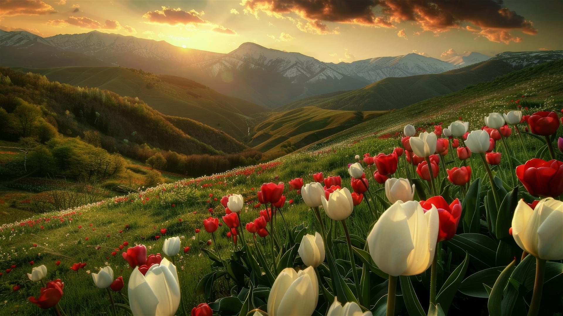 Sunset view of hills with tulips and idol-shaped mountains