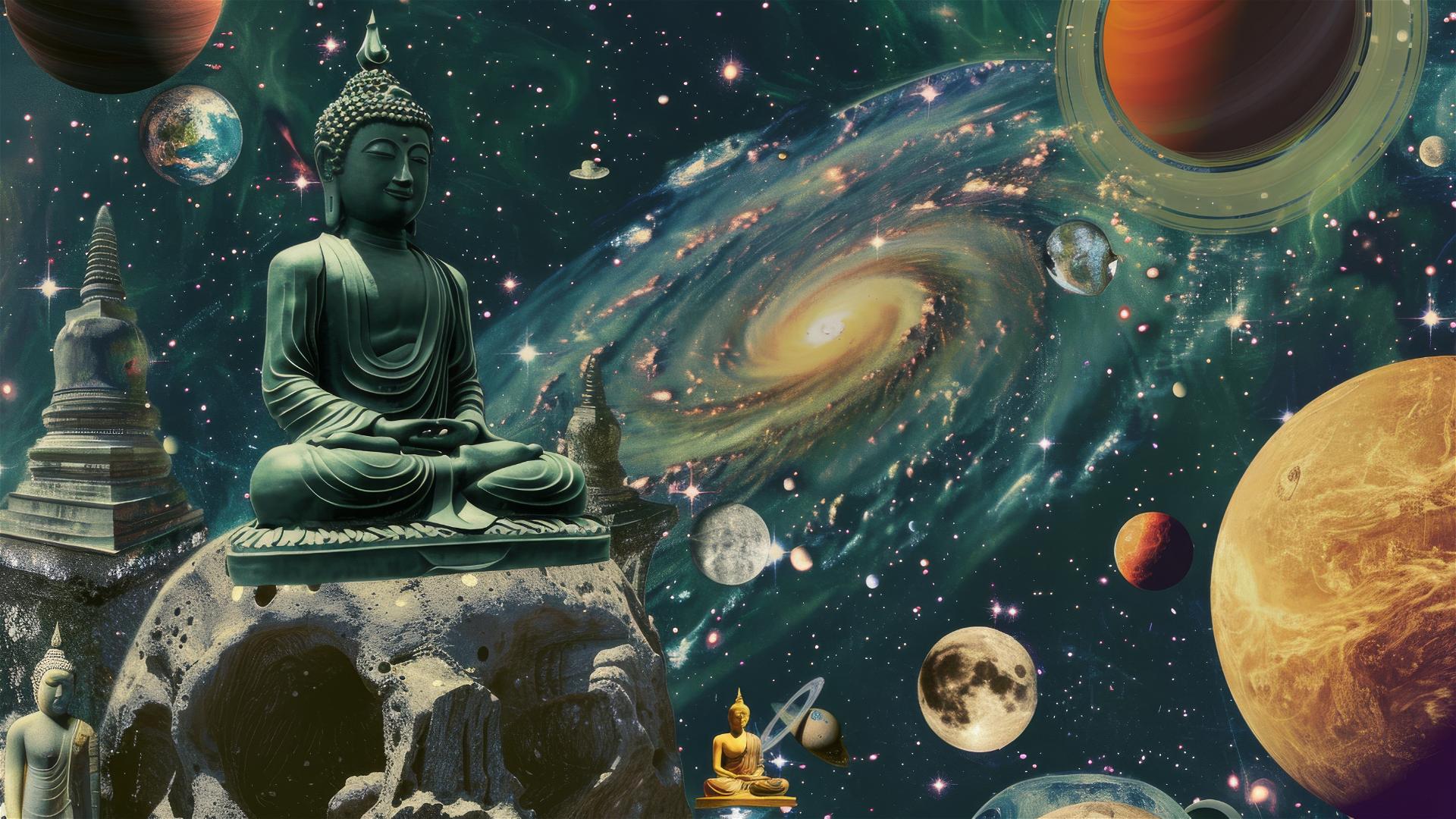 Space Buddhas floating with a 50s pulp novel style solar system backdrop.