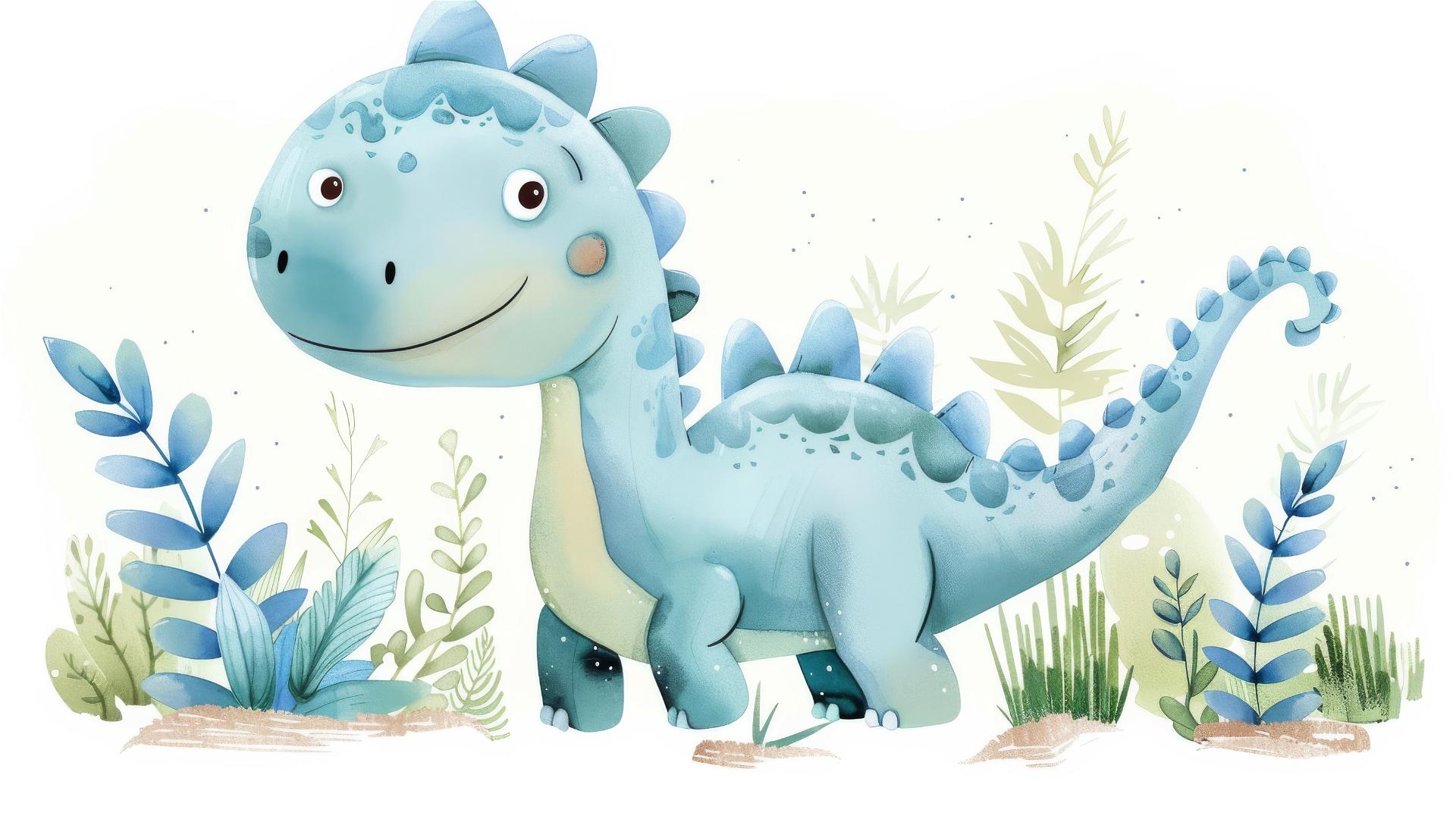 Cute light blue dinosaur with a big head on white background