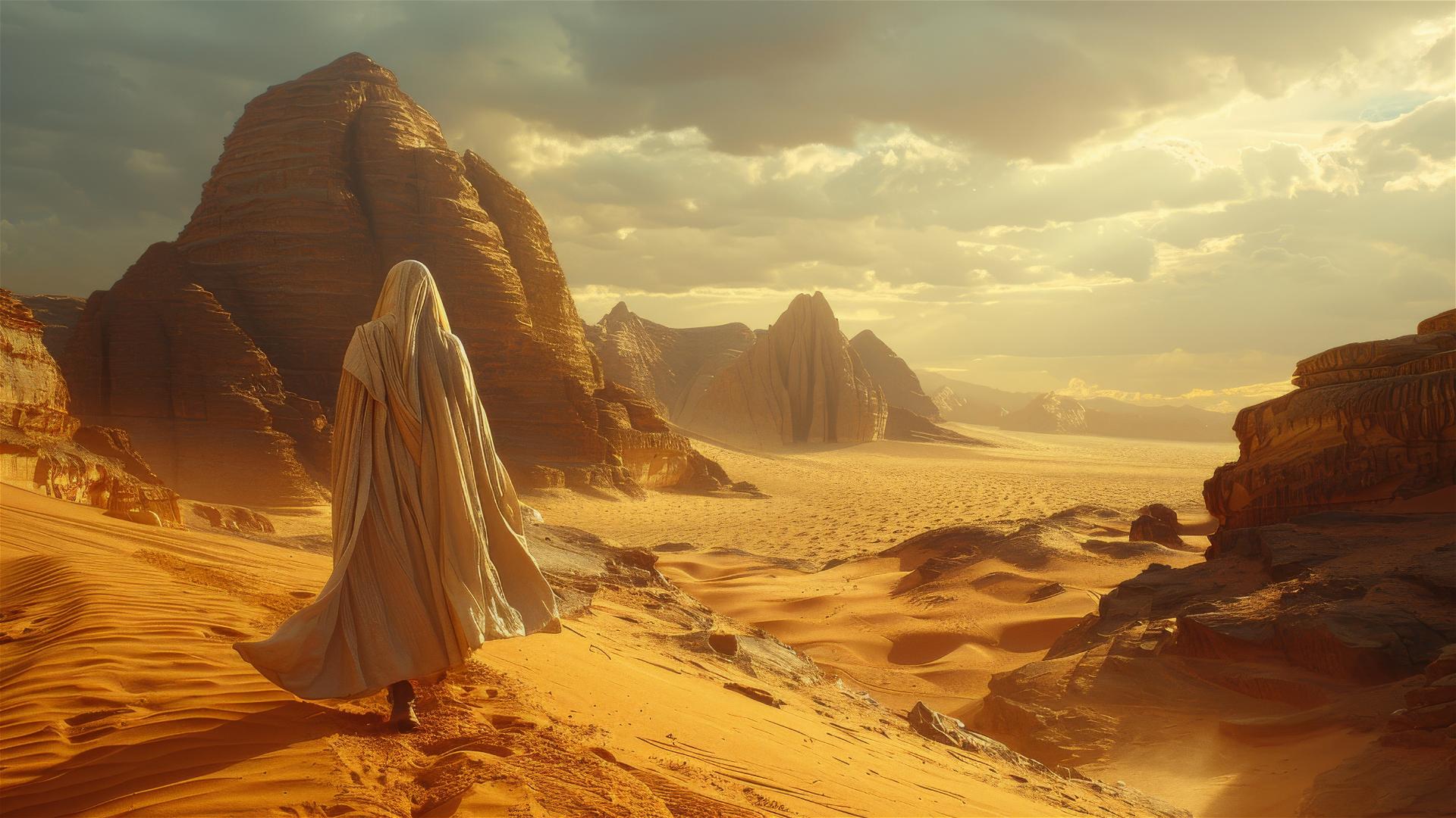 Solitary figure in white robe walking into horizon in a futuristic desert