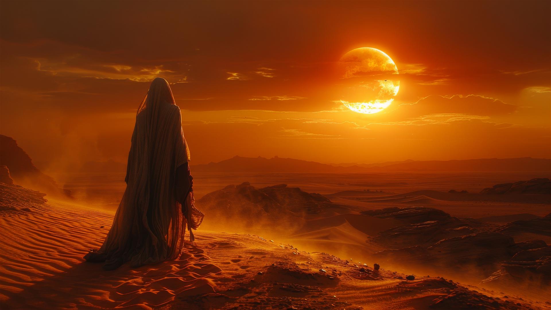 Lone figure in white robe walking in desert, Dune style