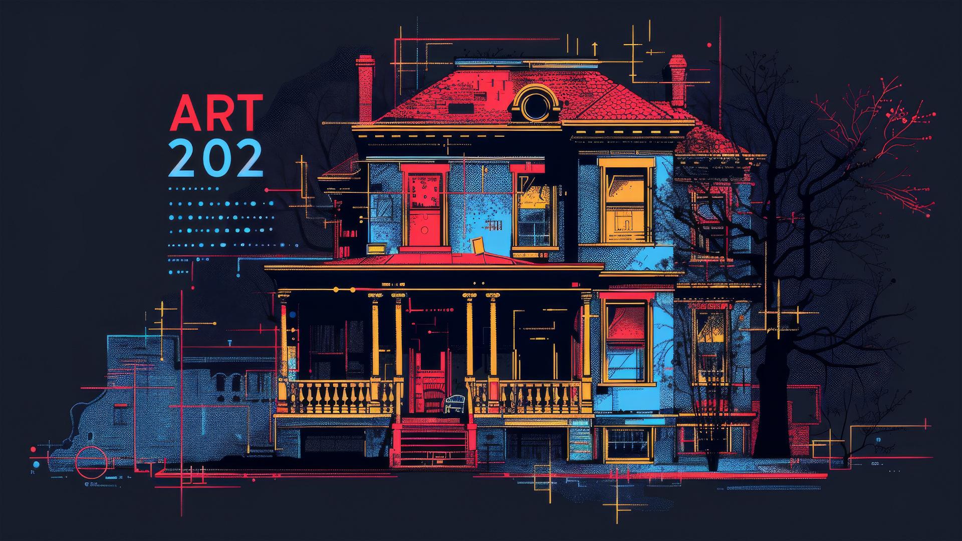 Minimalist mansion in Basquiat style with 'ART' and '2024' on black.