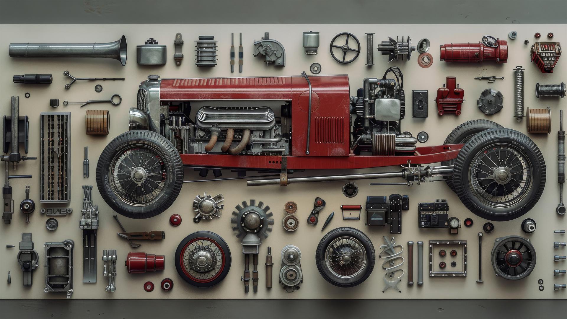 Hyperrealistic knolling of Horch car parts under studio lighting.