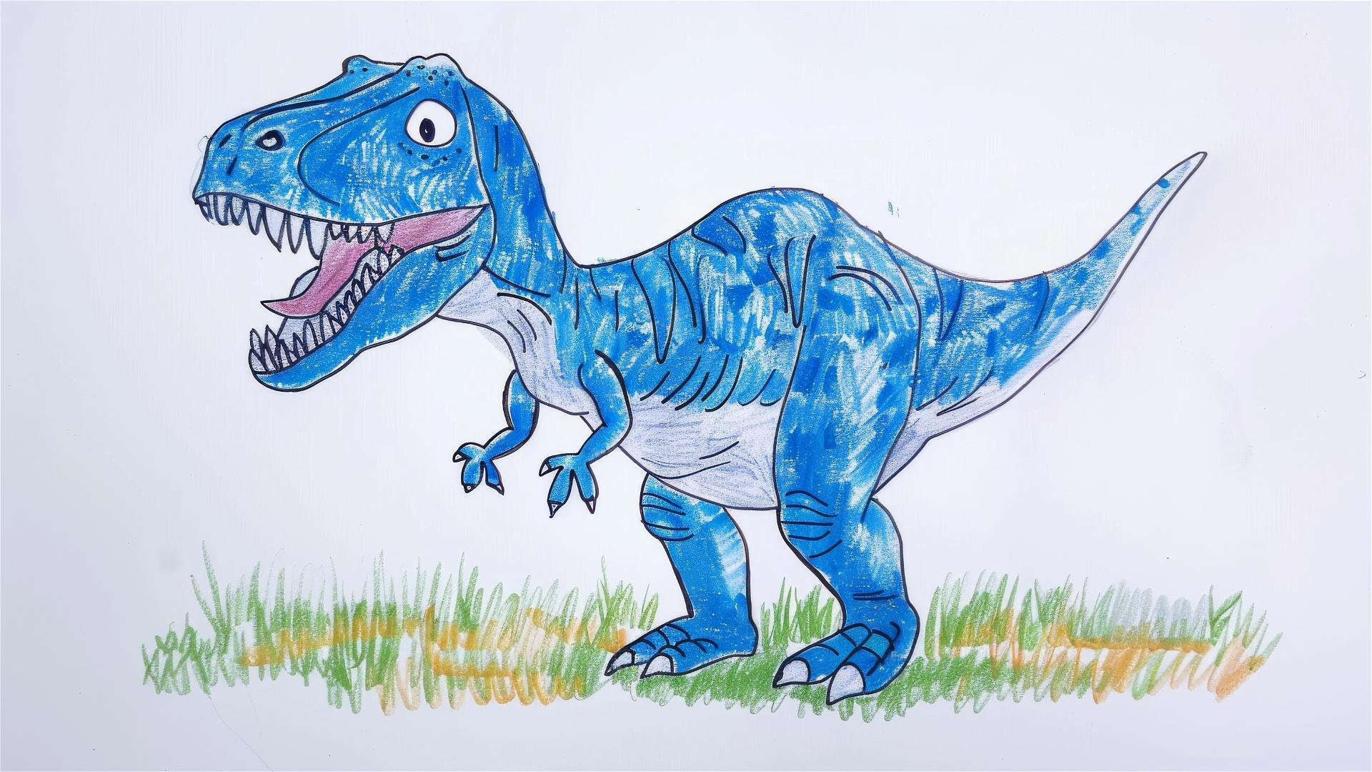 Child's crayon drawing of a blue T-Rex with a simple background.