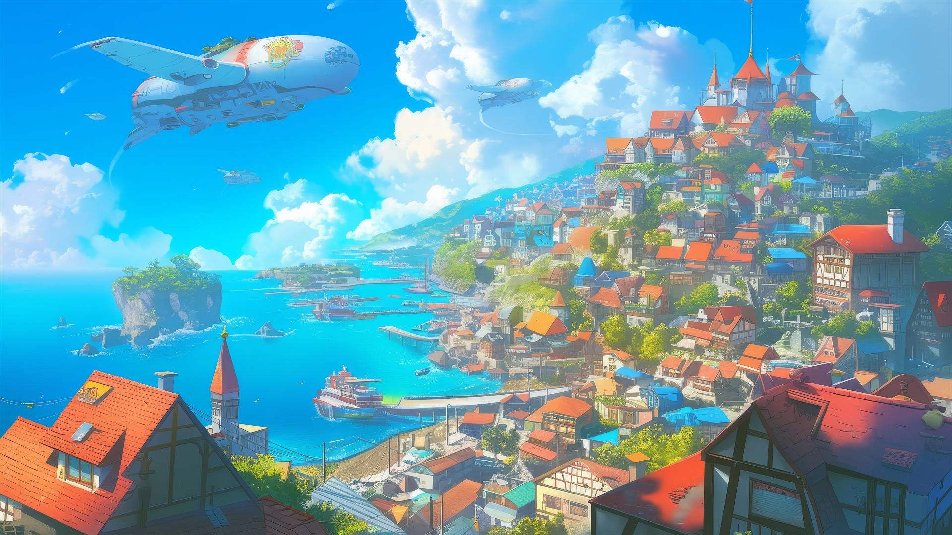 Colorful seaside village with Ghibli-style airships above.