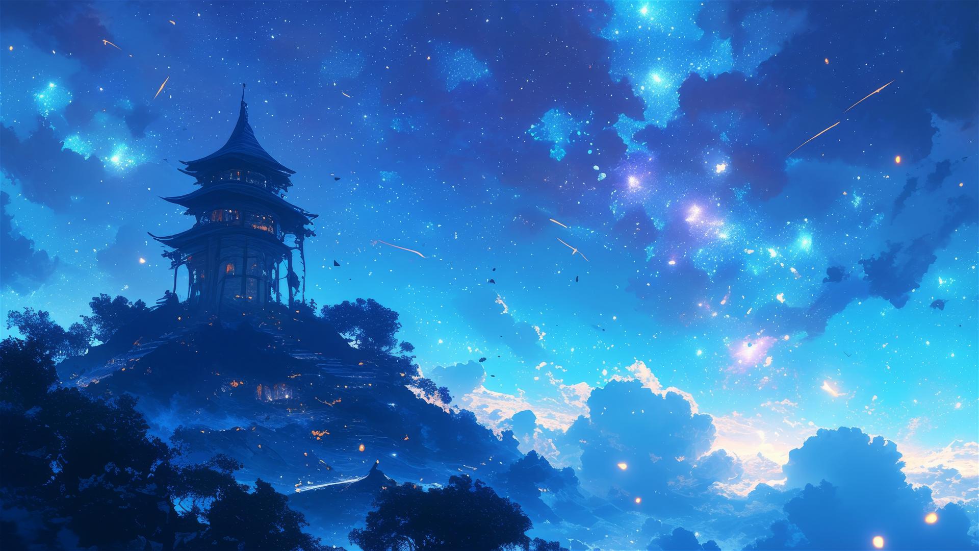 Ghibli-style observatory on a hill with galaxy view and magical constellations.