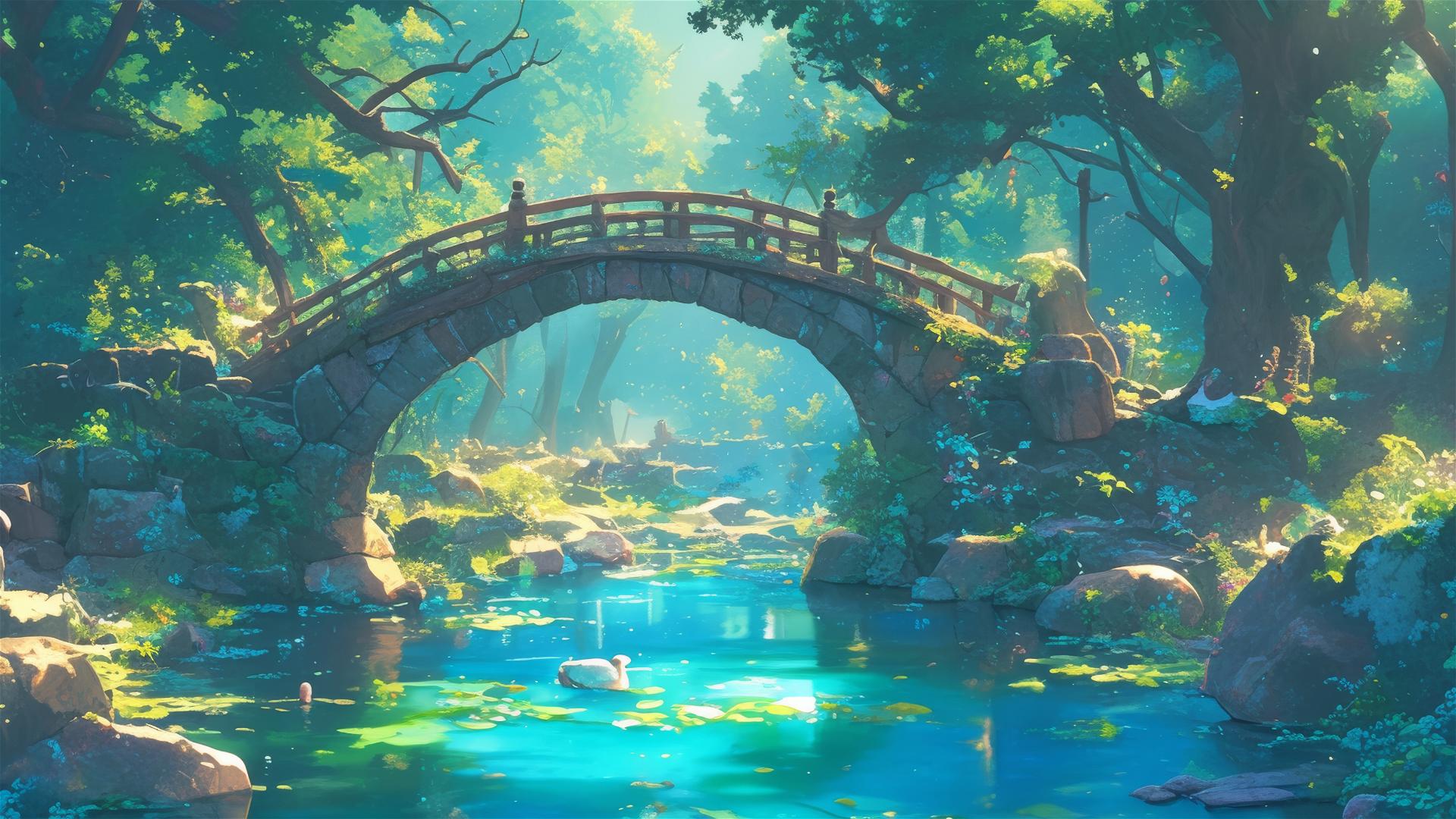 Ghibli-style bridge in a mystical forest with mythical creatures.