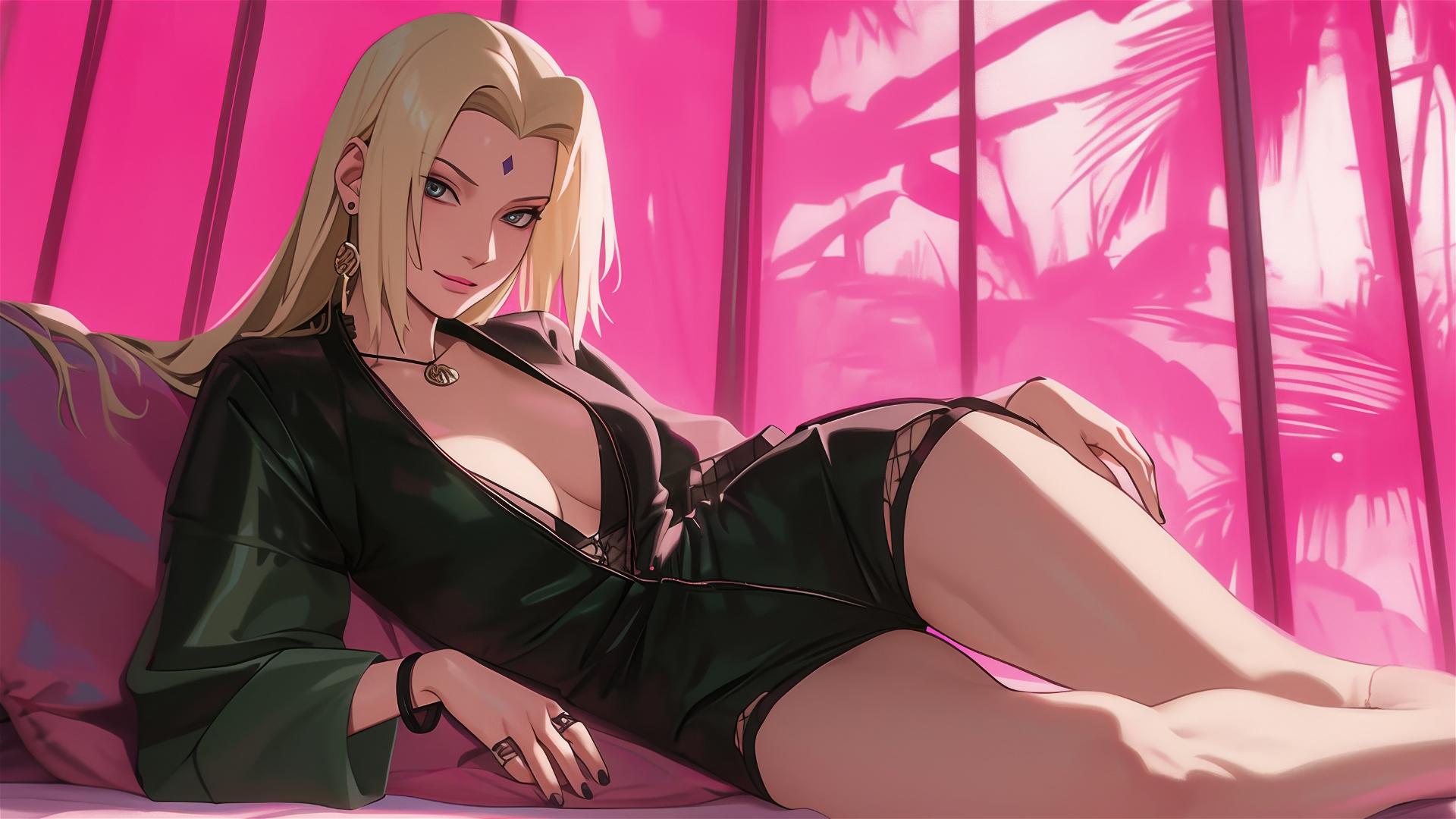 Tsunade from Naruto in black and pink outfit on bed, neon pink backdrop
