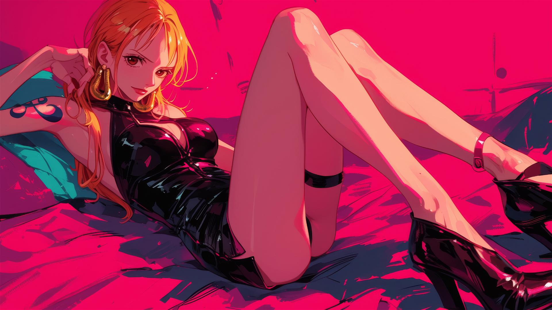 Nami in black and pink leather, gold earrings, neon accents, pink background, hyper-realistic anime style.