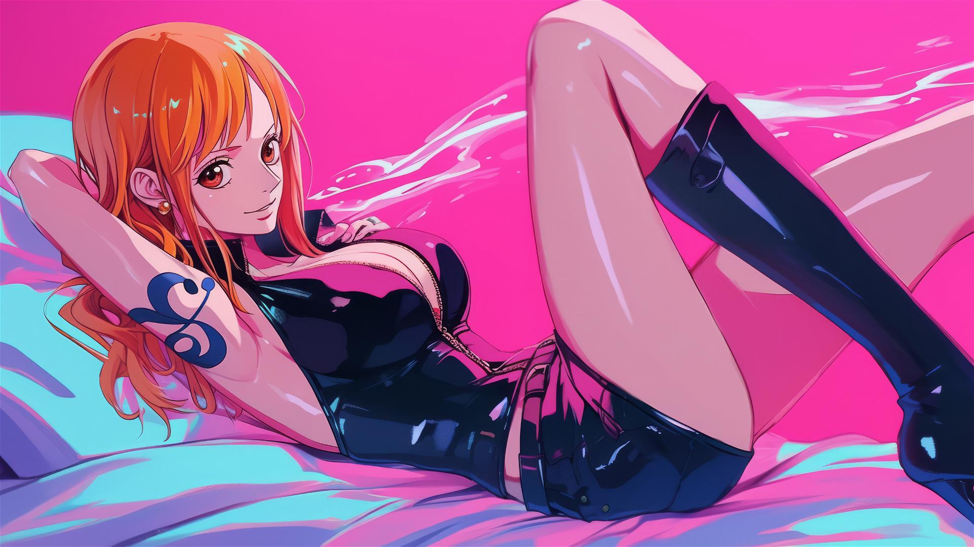 Nami from One Piece in black and pink leather, with neon glow and air swirls.