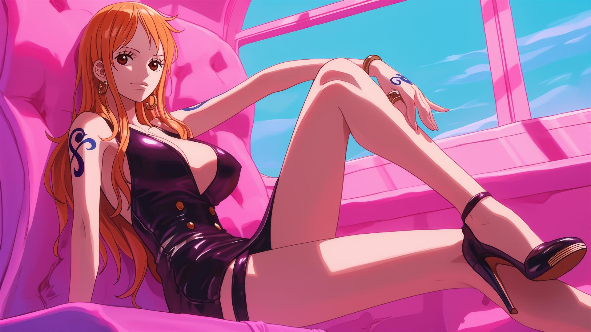 Nami from One Piece in black and pink leather on a plush bed, neon pink background.