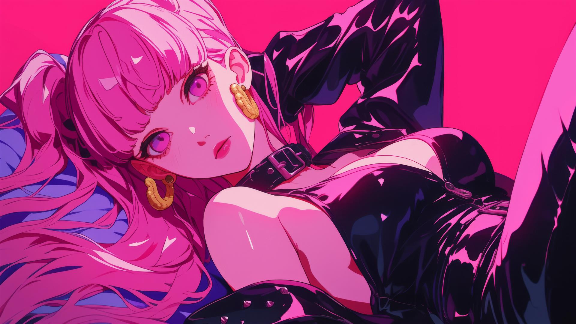 Perona from One Piece in bed, neon glow, black and pink outfit, gold earrings.