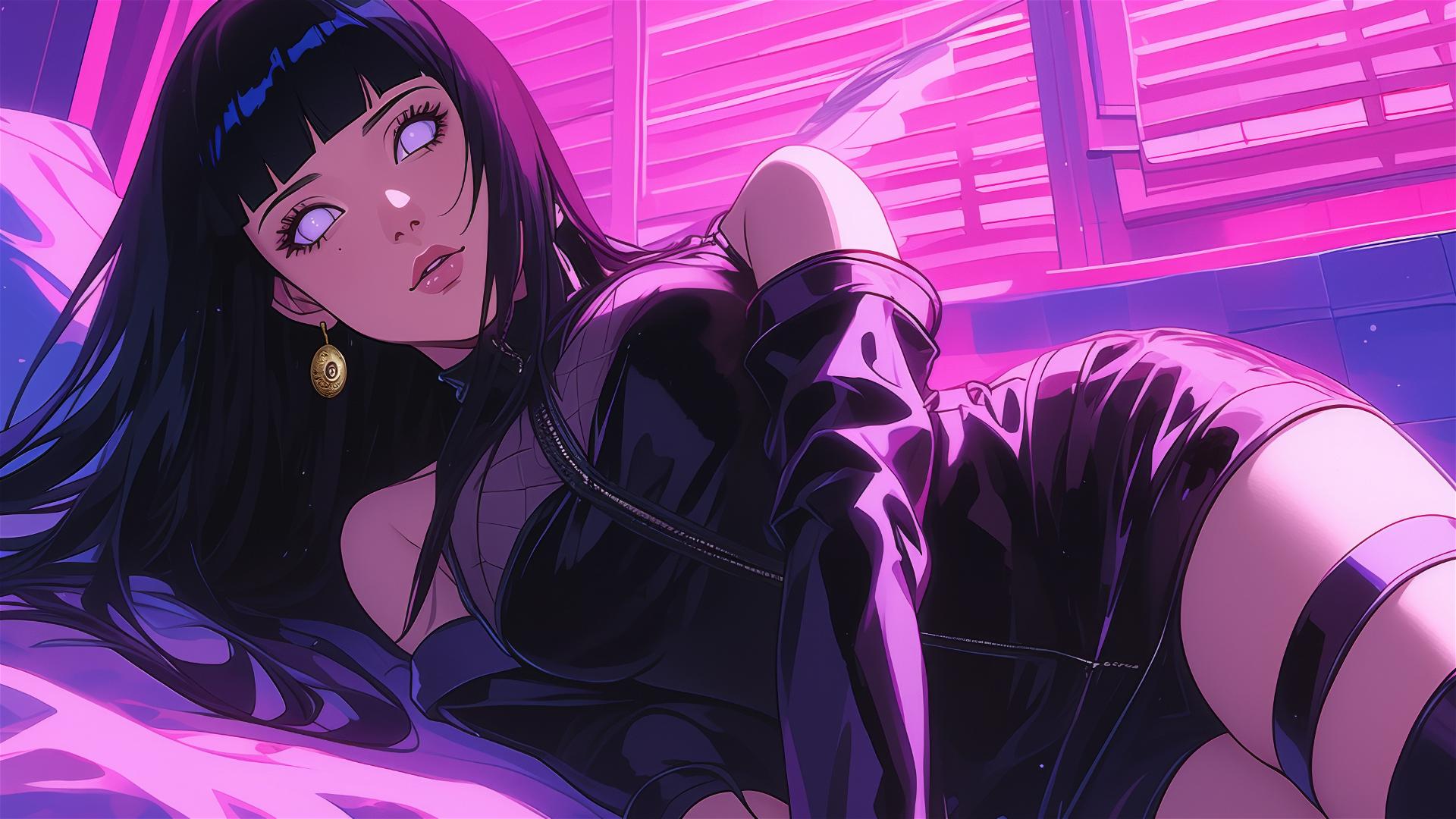 Hinata Hyuga lounging in neon-lit black and pink leather attire.