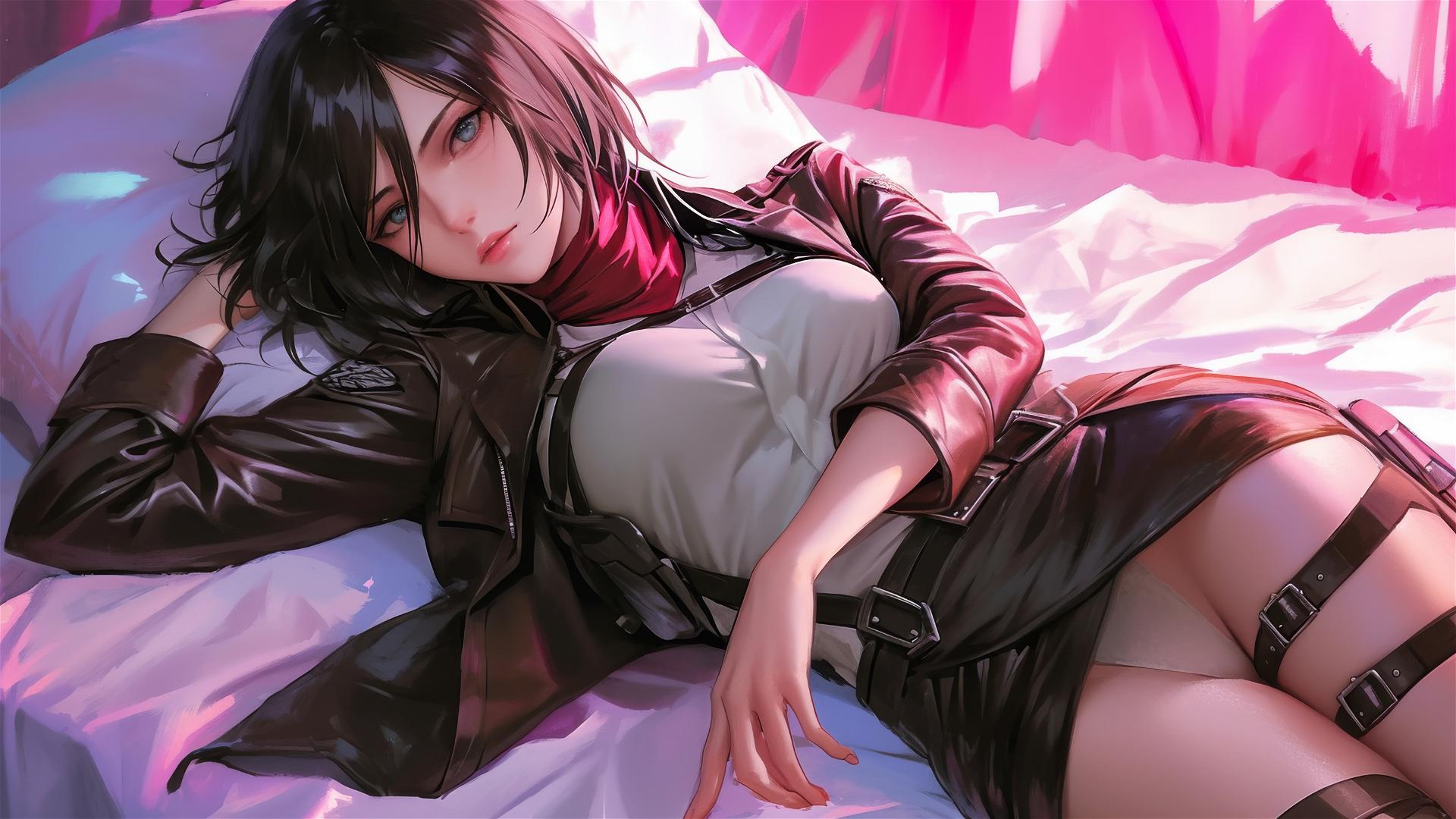 Mikasa Ackerman lounging in neon pink-lit attire, hyper-realistic anime style.