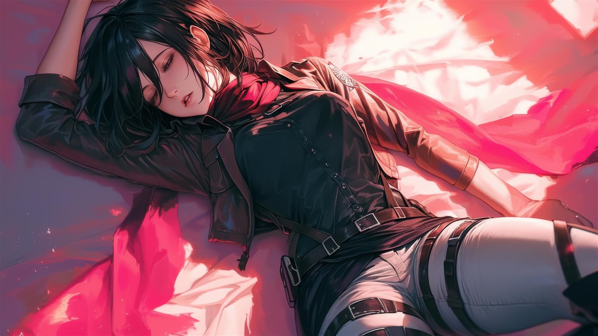 Mikasa Ackerman in black and pink leather on a bed, neon pink light illuminating her.