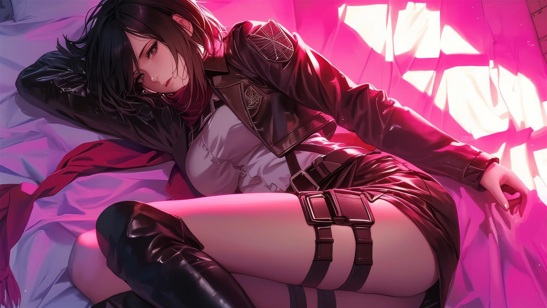 Mikasa Ackerman in black and pink leather on a bed, neon pink light illuminating her.