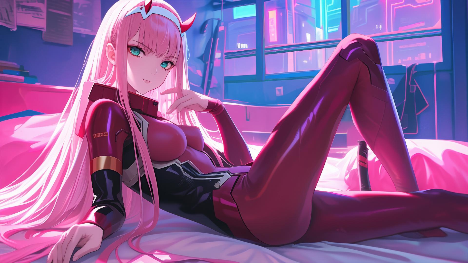 Zero Two in neon pink lighting, black and pink leather attire, hyper-realistic anime.